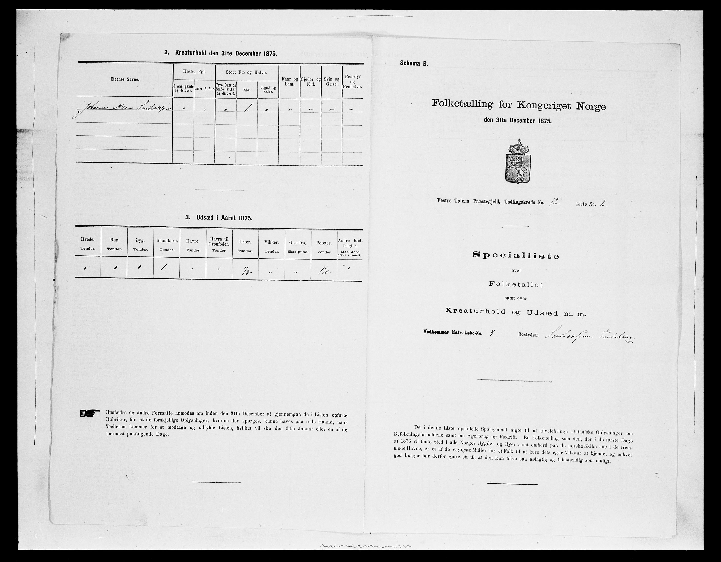 SAH, 1875 census for 0529P Vestre Toten, 1875, p. 2204