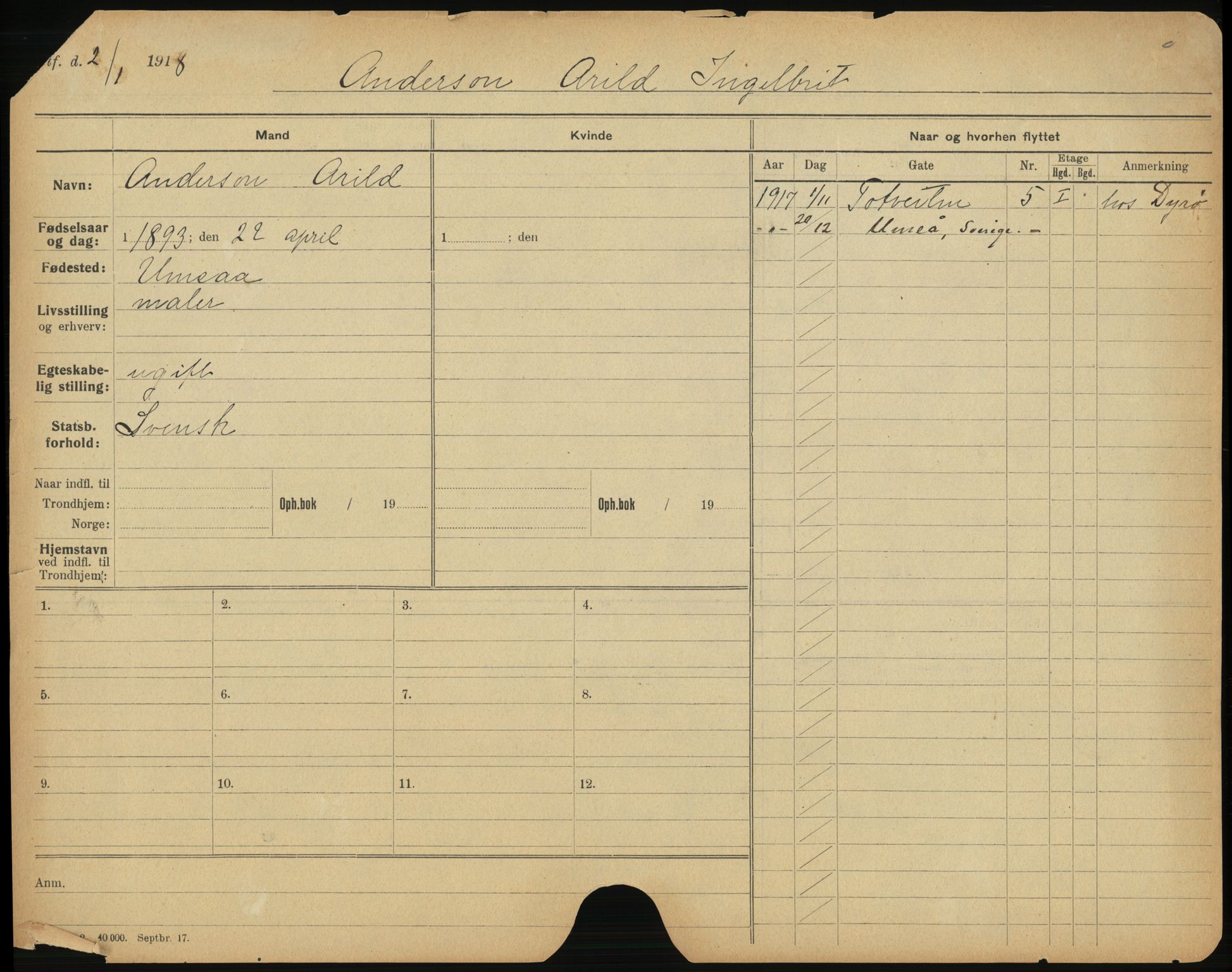 Trondheim folkeregister, SAT/A-1608/1/F/Fc/L0001: Utvandrede, 1917-1919