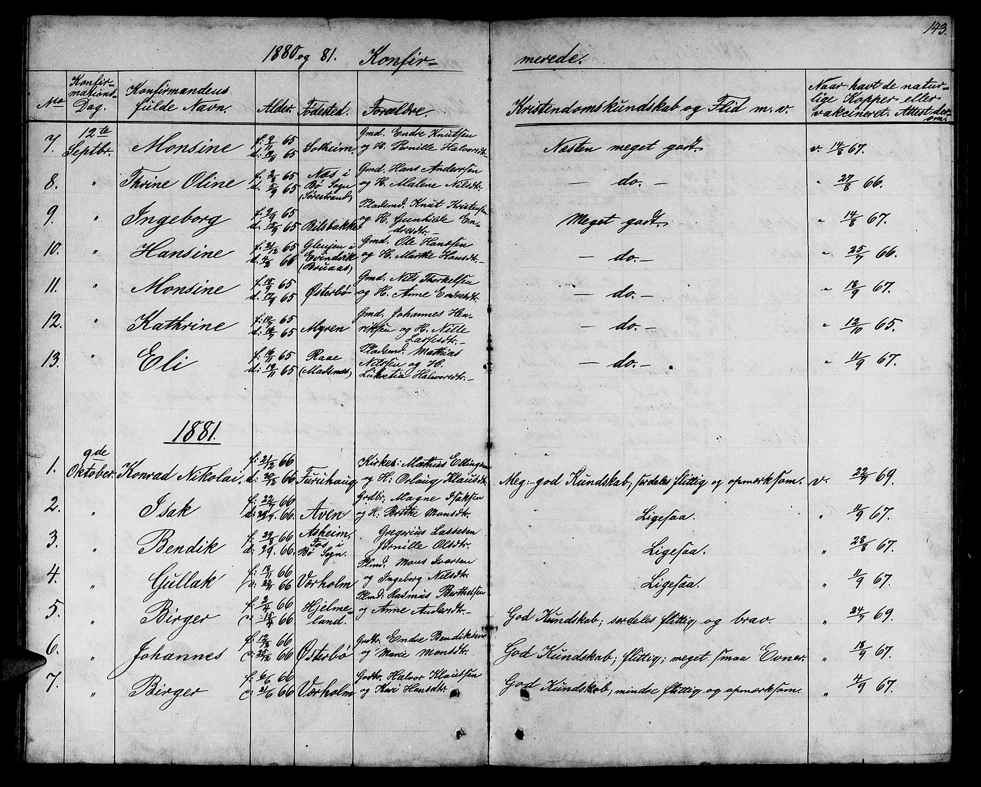 Lavik sokneprestembete, SAB/A-80901: Parish register (copy) no. A 1, 1854-1881, p. 143