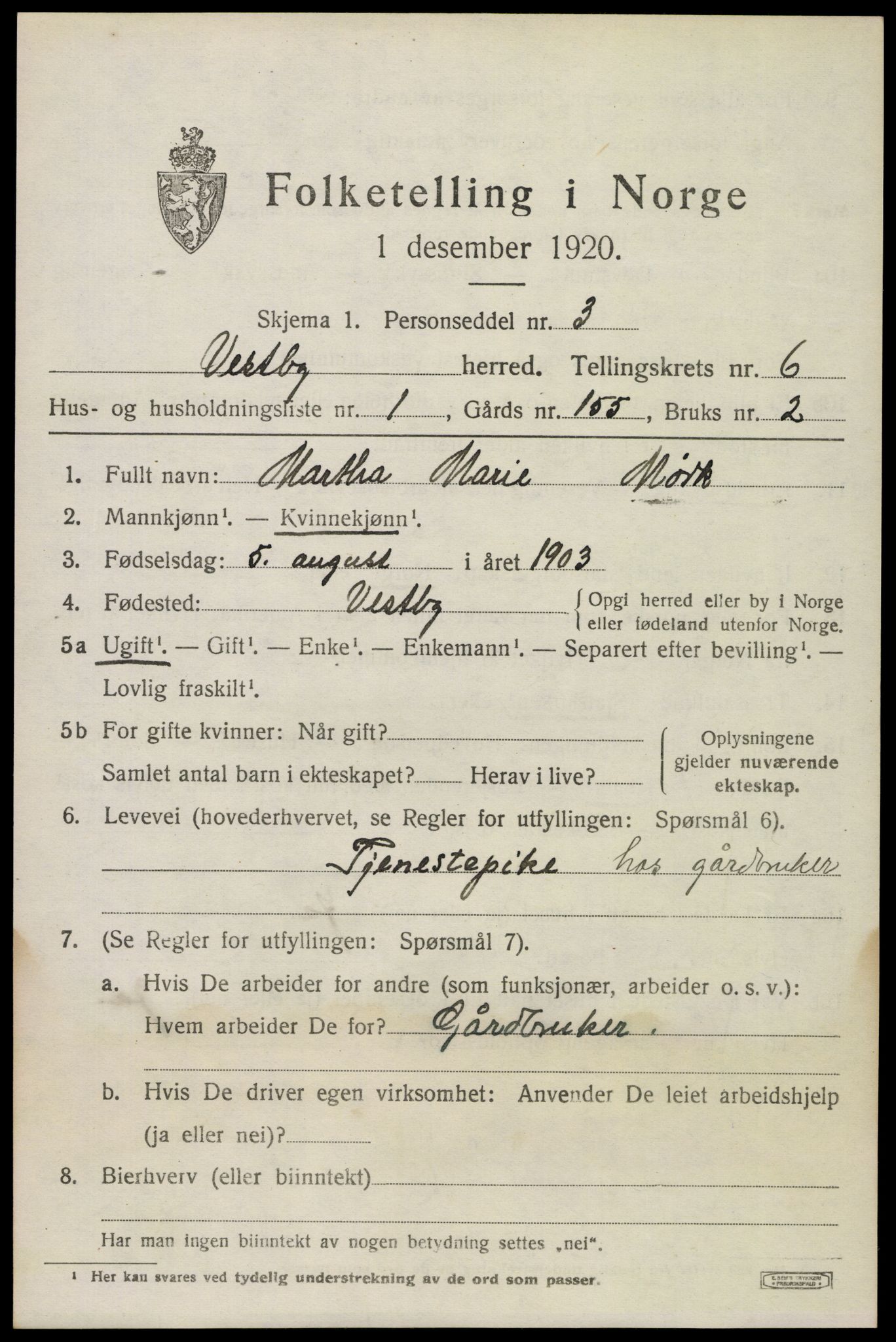 SAO, 1920 census for Vestby, 1920, p. 6821