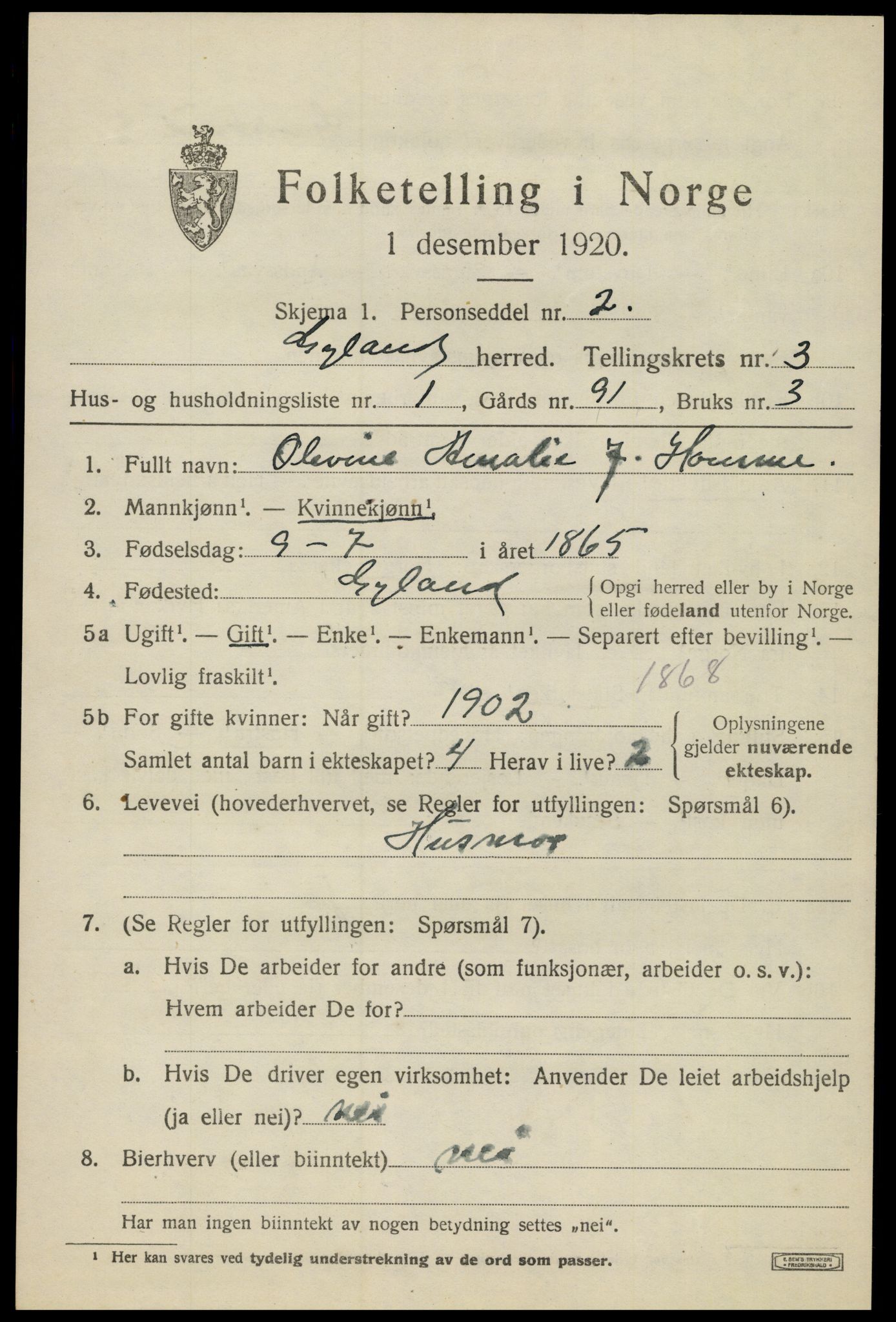 SAK, 1920 census for Gyland, 1920, p. 850