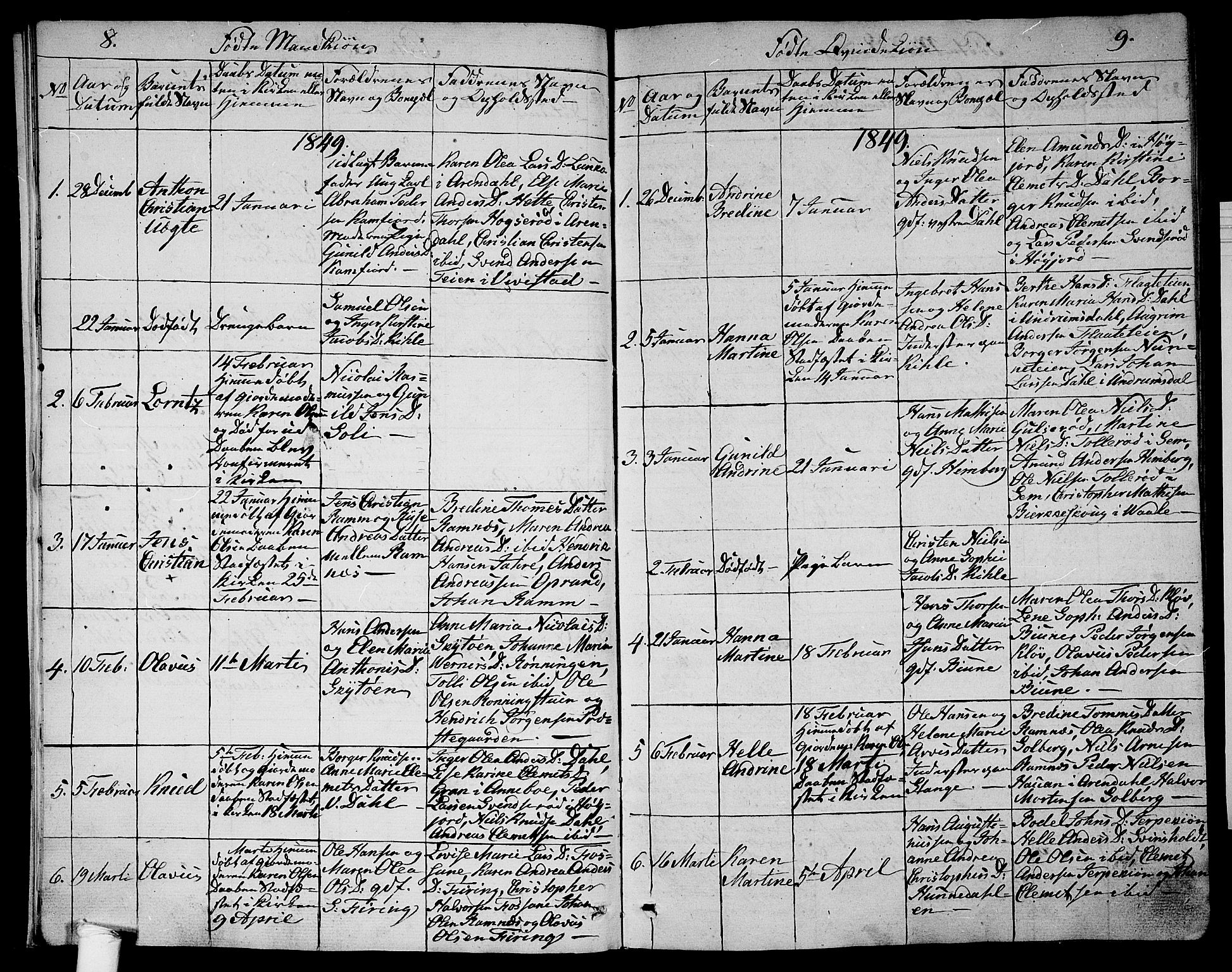 Ramnes kirkebøker, SAKO/A-314/G/Ga/L0002: Parish register (copy) no. I 2, 1848-1870, p. 8-9