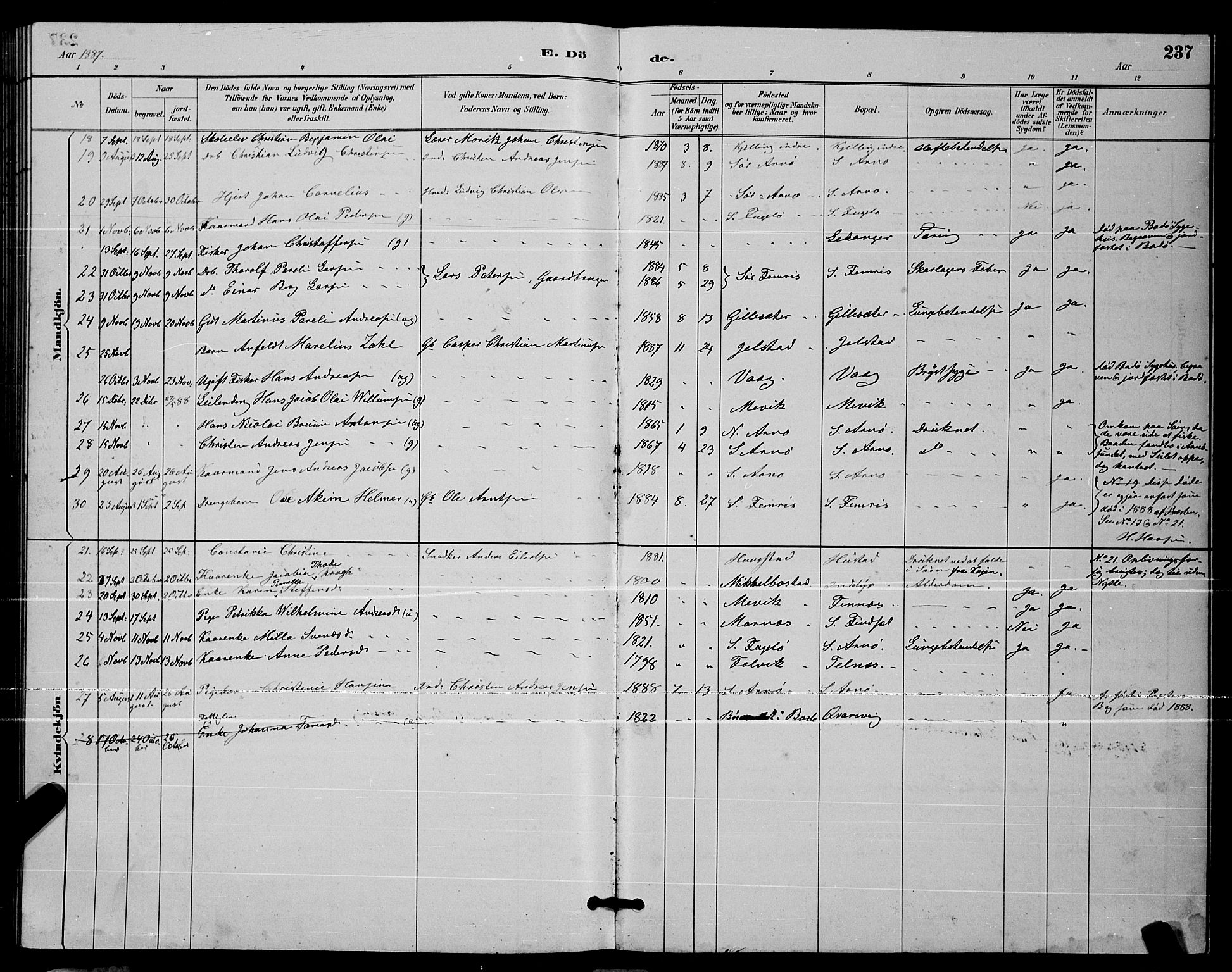 Ministerialprotokoller, klokkerbøker og fødselsregistre - Nordland, AV/SAT-A-1459/805/L0108: Parish register (copy) no. 805C04, 1885-1899, p. 237