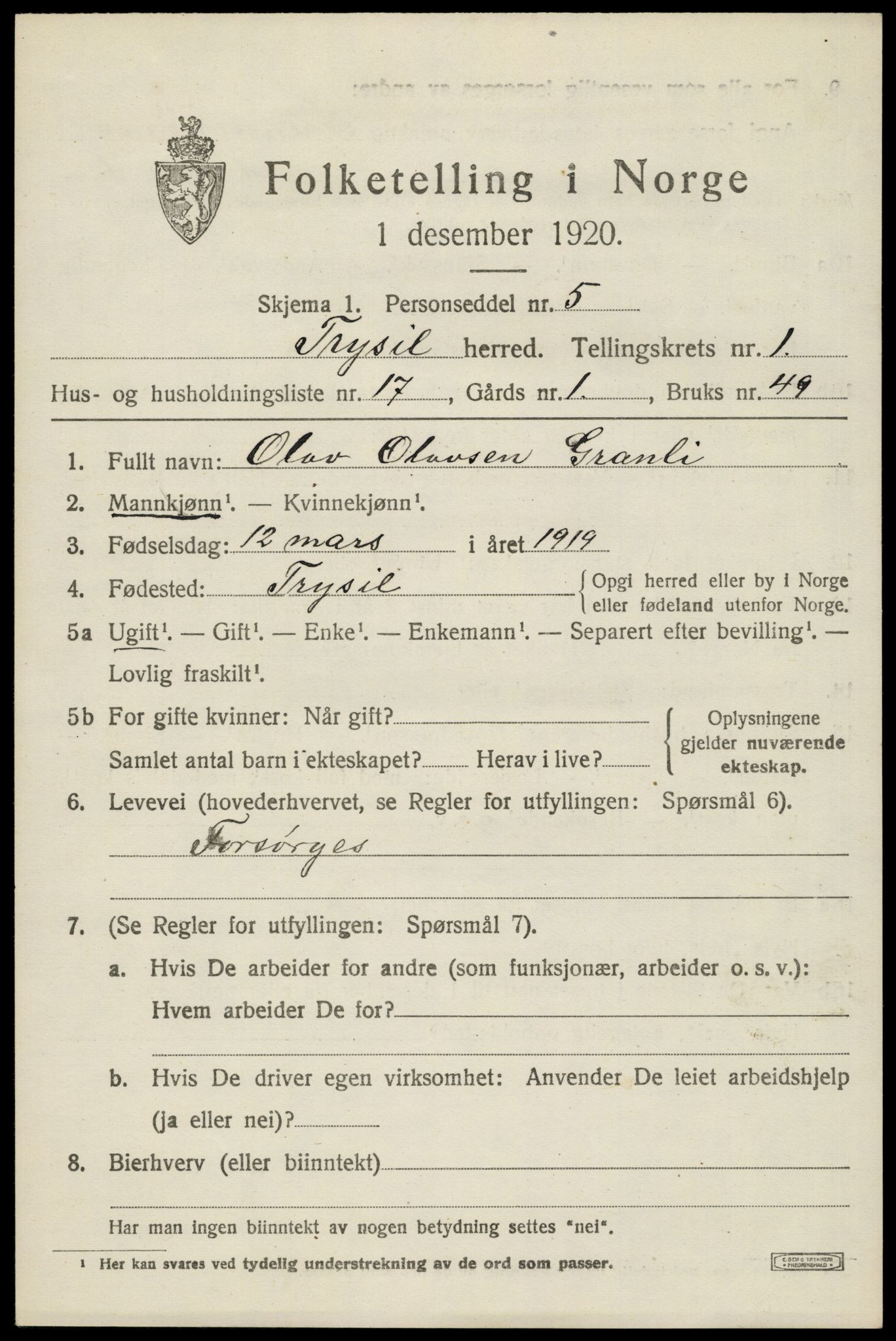 SAH, 1920 census for Trysil, 1920, p. 2757