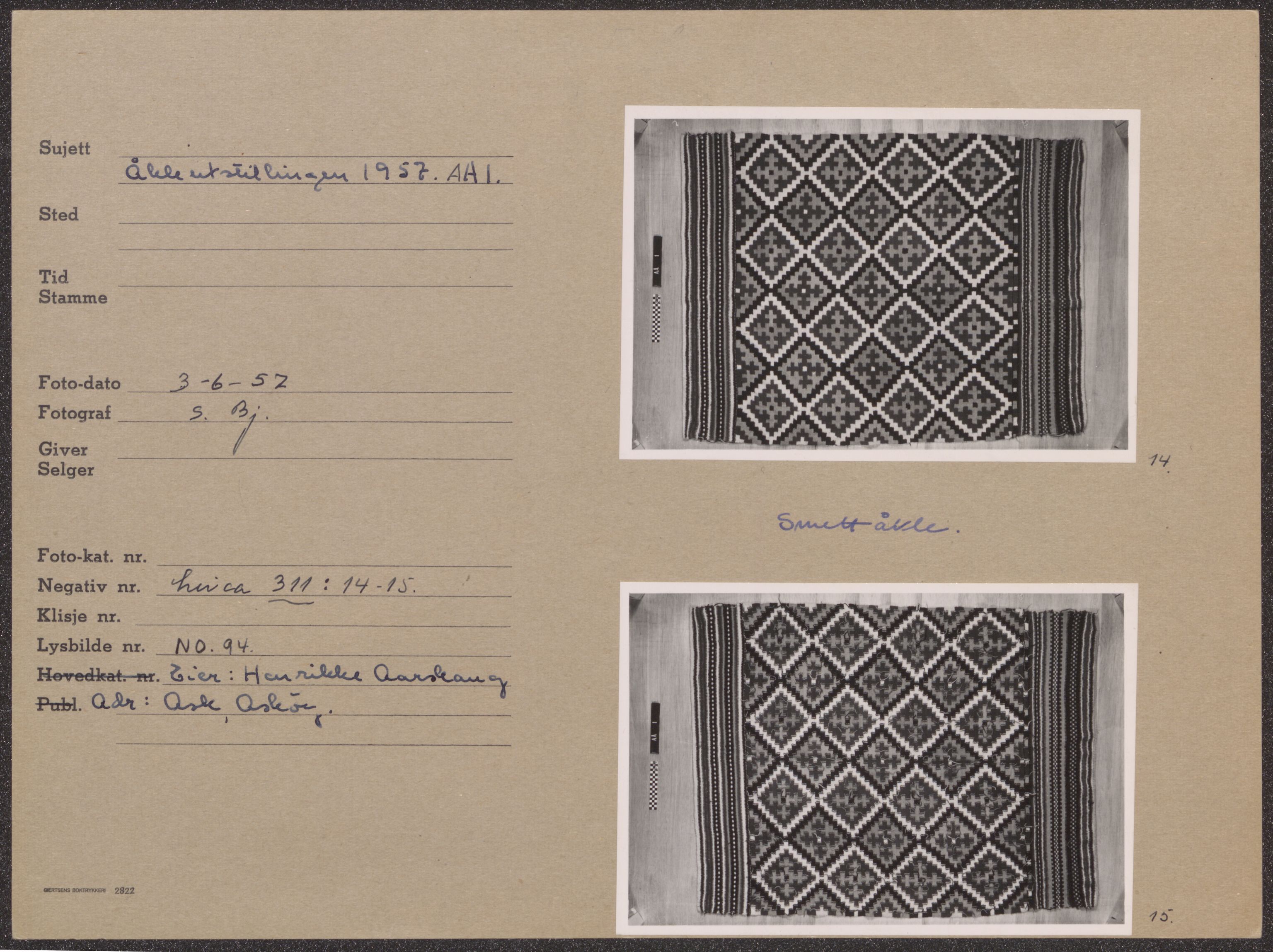 Åkleprosjektet 1957, UMB/A008/F/Fa/L0001/0001: Registreringskort Smettåkle A-H / Smettåkler A -E, 1957