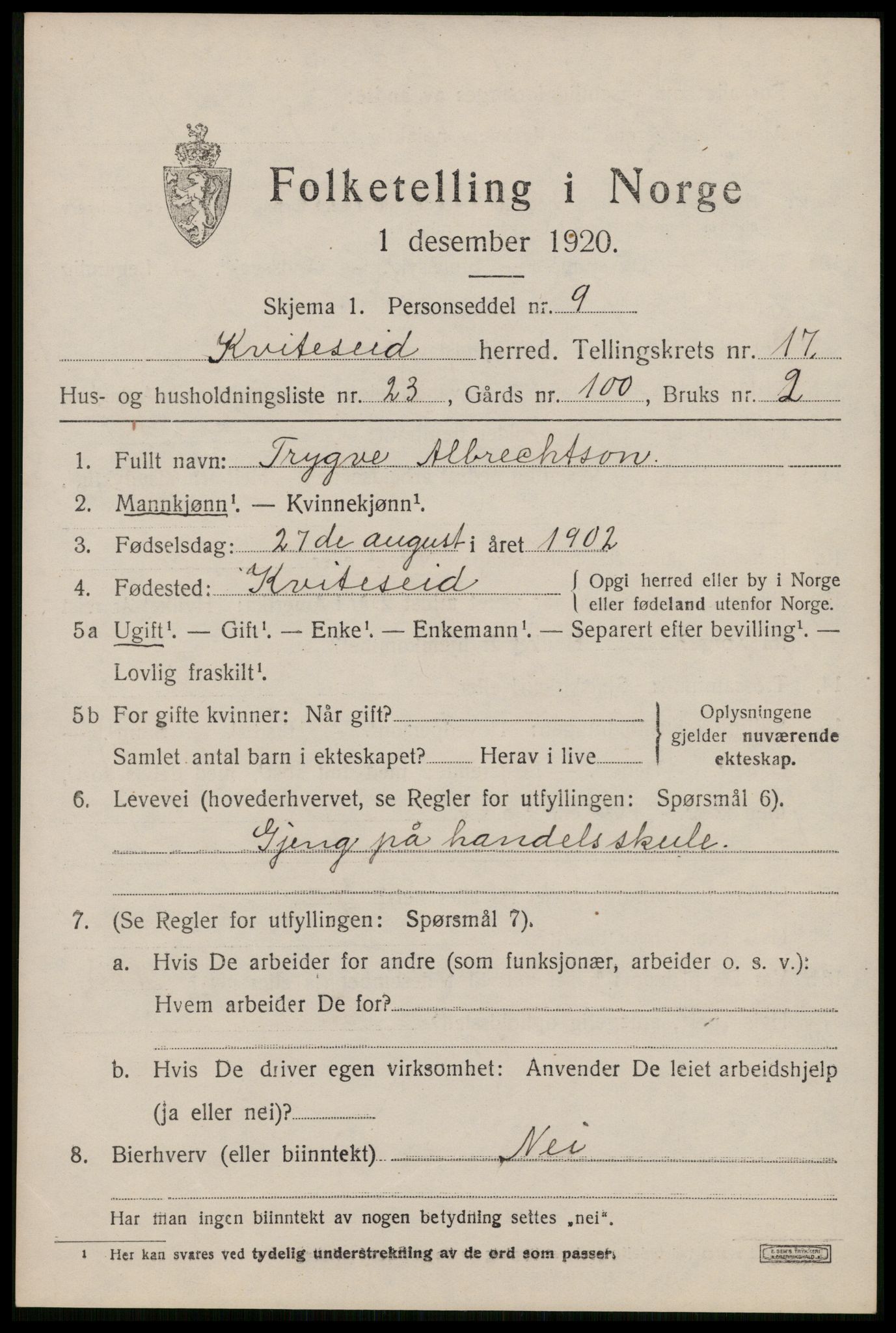 SAKO, 1920 census for Kviteseid, 1920, p. 7967