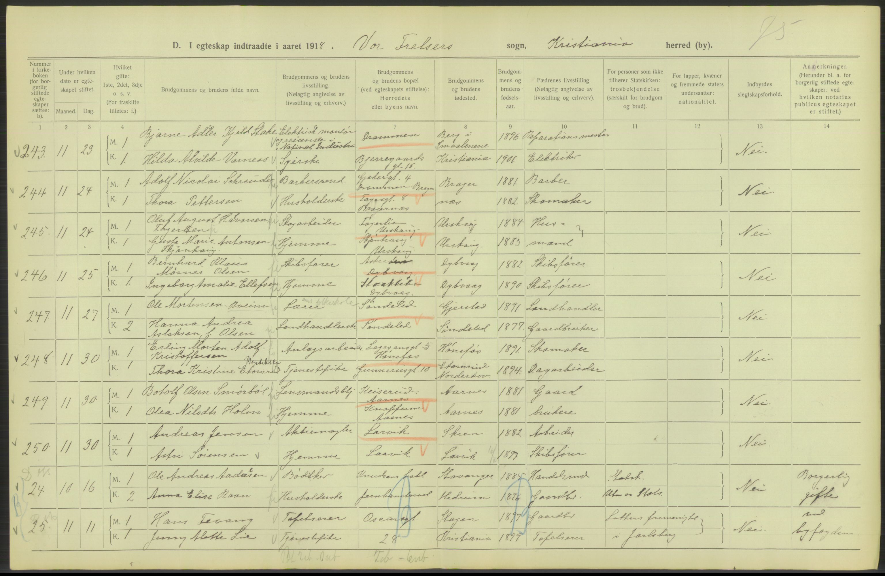 Statistisk sentralbyrå, Sosiodemografiske emner, Befolkning, AV/RA-S-2228/D/Df/Dfb/Dfbh/L0009: Kristiania: Gifte, 1918, p. 108