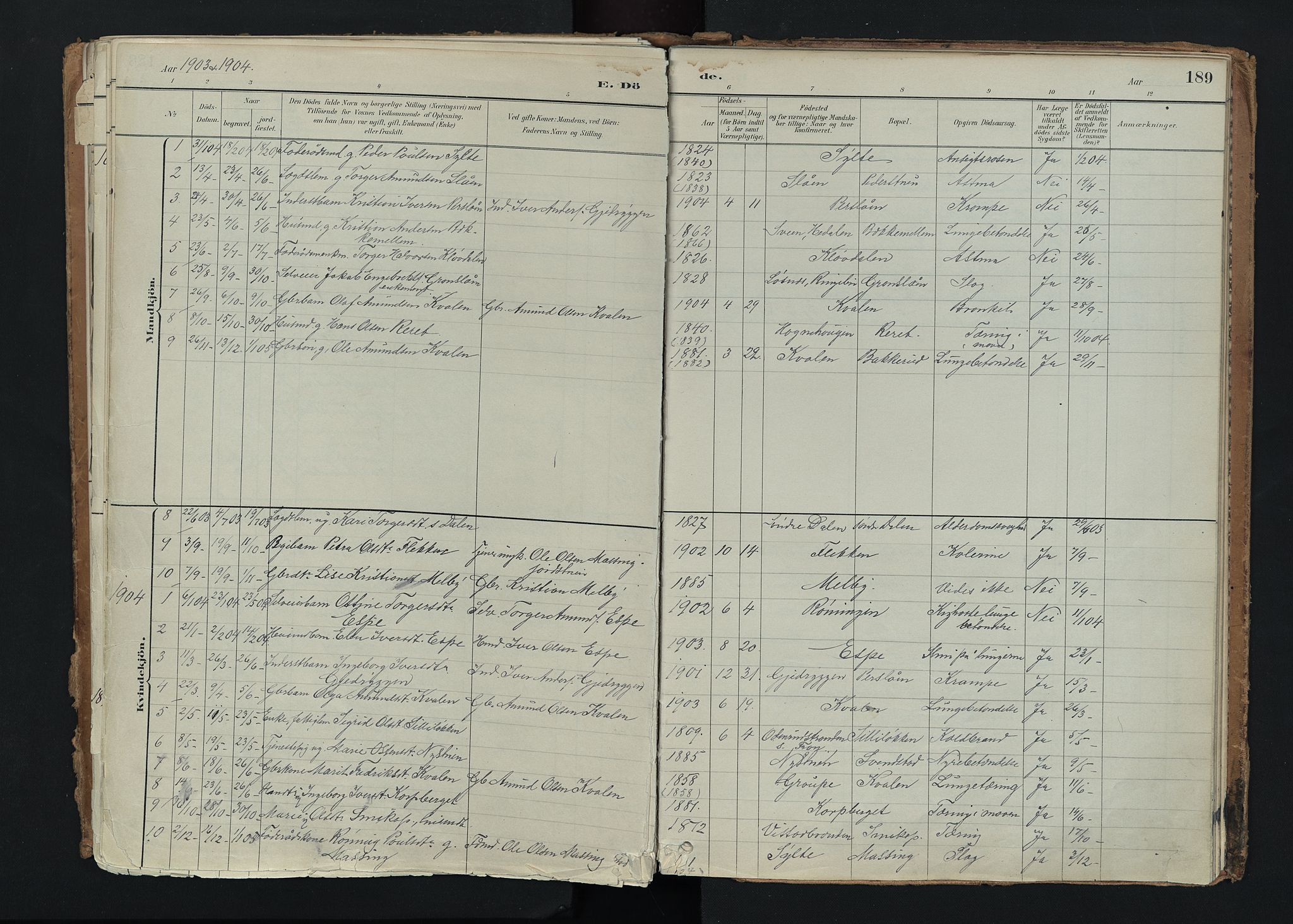 Nord-Fron prestekontor, SAH/PREST-080/H/Ha/Haa/L0005: Parish register (official) no. 5, 1884-1914, p. 189