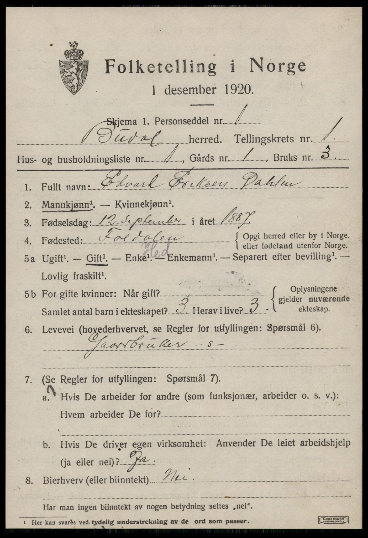 SAT, 1920 census for Budal, 1920, p. 206