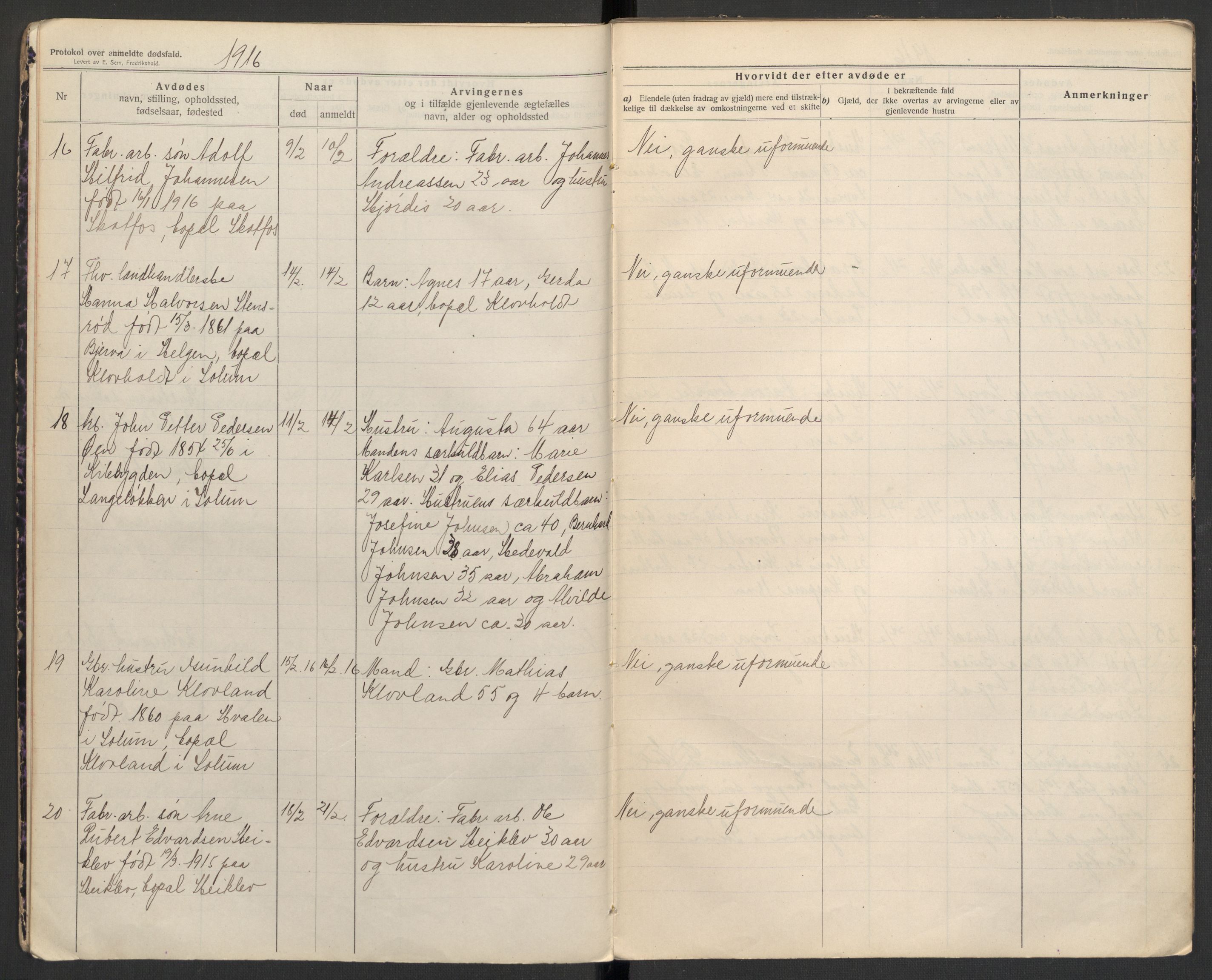 Solum lensmannskontor, SAKO/A-575/H/Ha/L0003: Dødsanmeldelsesprotokoll, 1916-1917