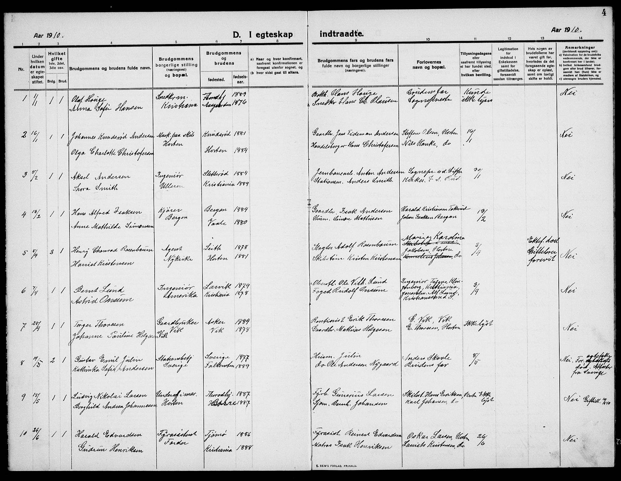 Borre kirkebøker, AV/SAKO-A-338/G/Ga/L0007: Parish register (copy) no. I 7, 1910-1920, p. 4