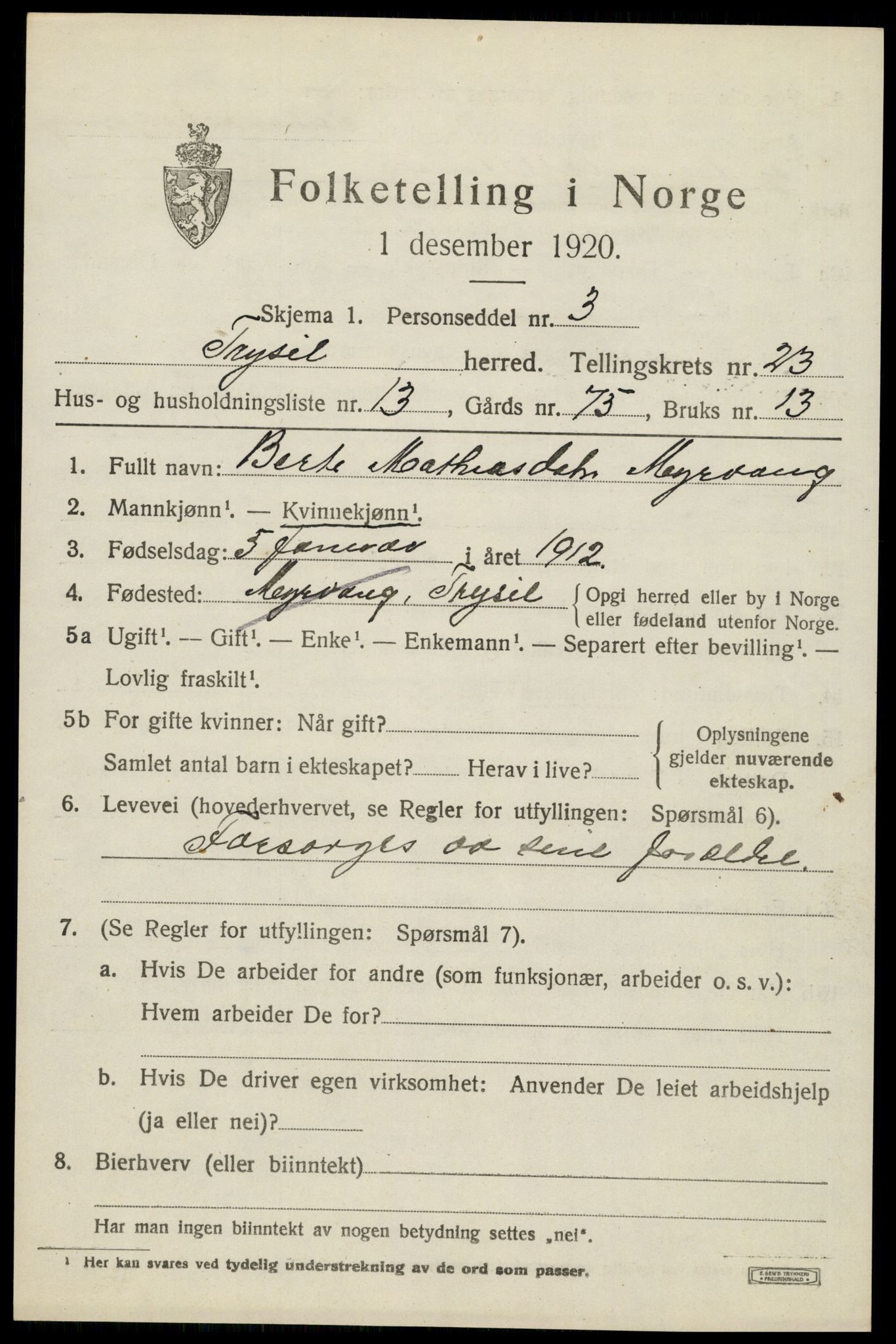 SAH, 1920 census for Trysil, 1920, p. 14985