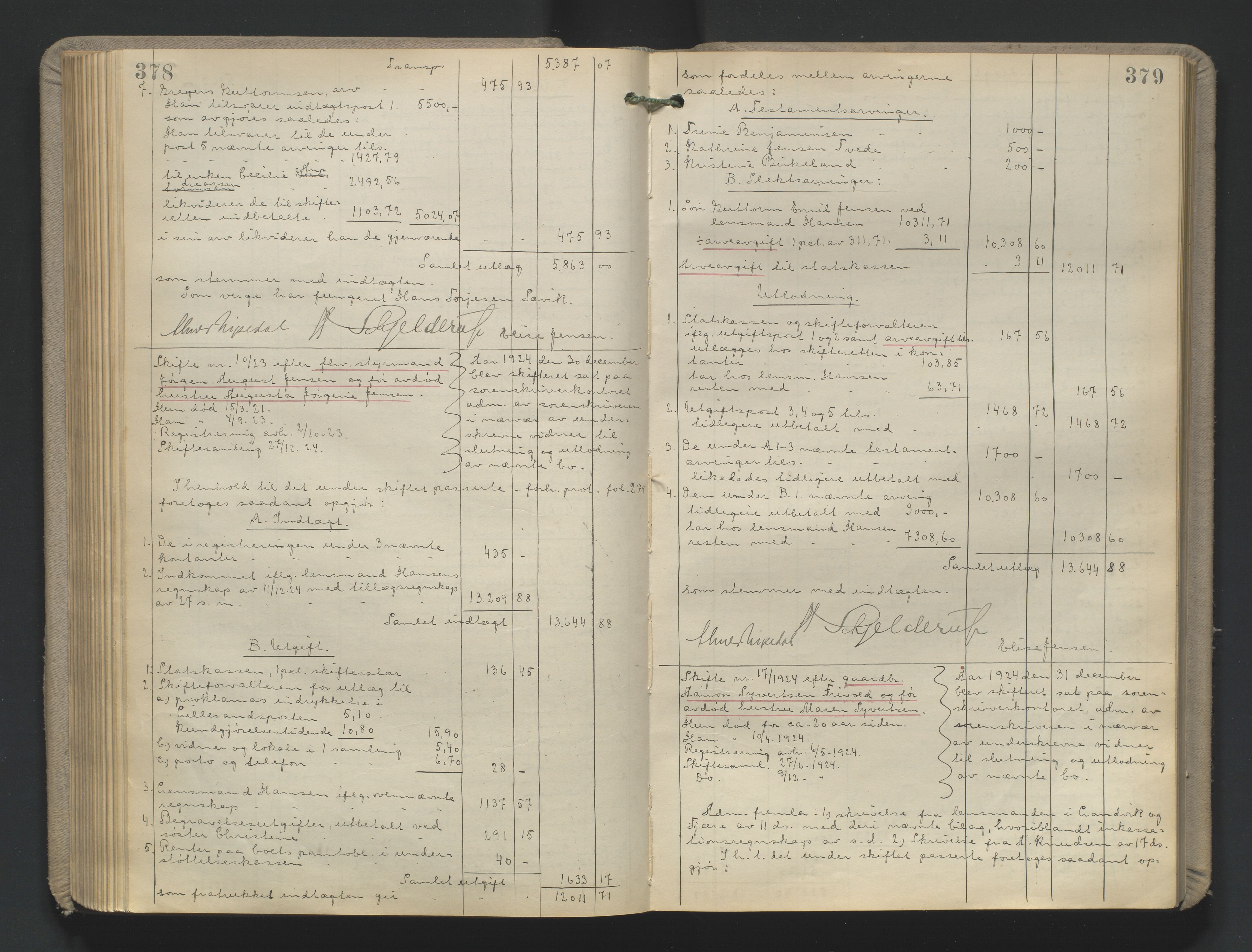 Vestre Nedenes/Sand sorenskriveri, AV/SAK-1221-0010/H/Hc/L0022: Skifteutlodningsprotokoll nr. 9, 1919-1932, p. 378-379