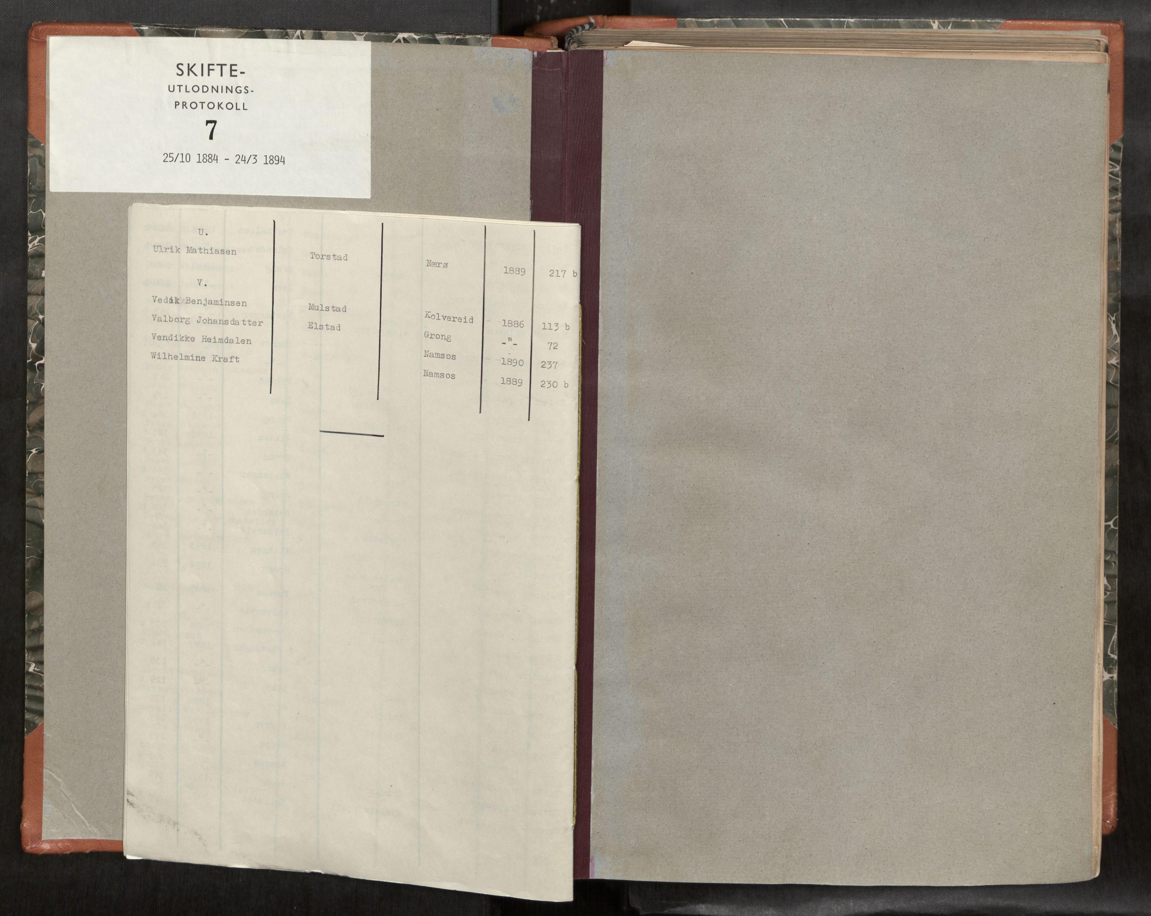 Namdal sorenskriveri, SAT/A-4133/1/3/3A/L0045: Skifteprotokoll nr. 7, 1884-1894