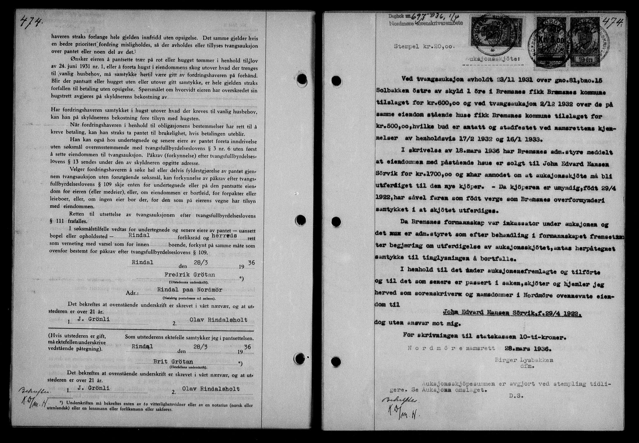 Nordmøre sorenskriveri, AV/SAT-A-4132/1/2/2Ca/L0087: Mortgage book no. 77, 1935-1936, Deed date: 01.04.1936