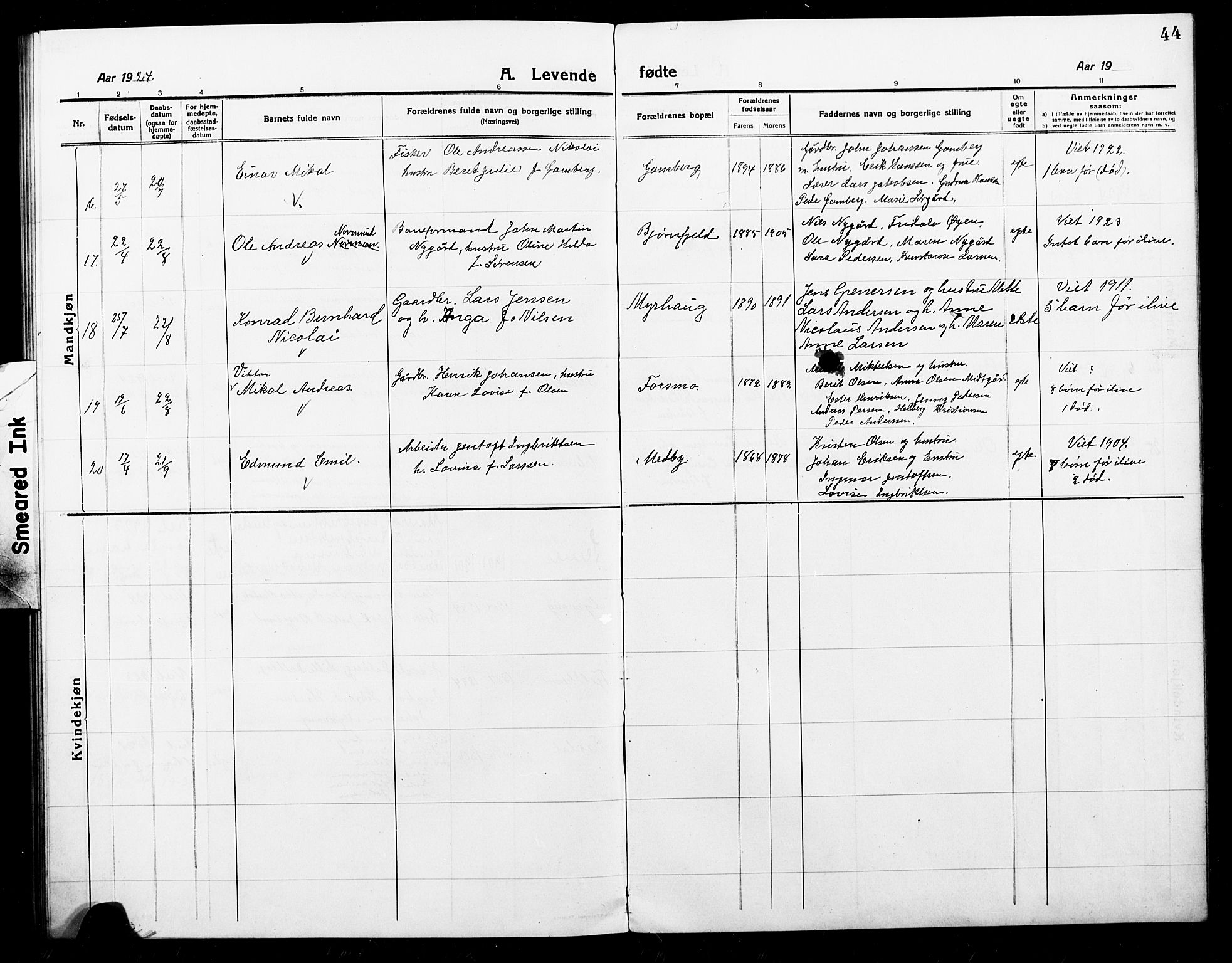 Ministerialprotokoller, klokkerbøker og fødselsregistre - Nordland, SAT/A-1459/868/L0969: Parish register (copy) no. 868C01, 1914-1925, p. 44