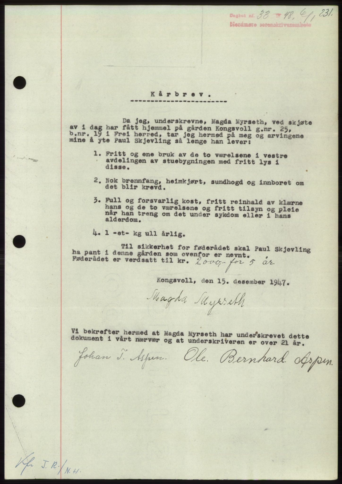 Nordmøre sorenskriveri, AV/SAT-A-4132/1/2/2Ca: Mortgage book no. B97, 1947-1948, Diary no: : 33/1948