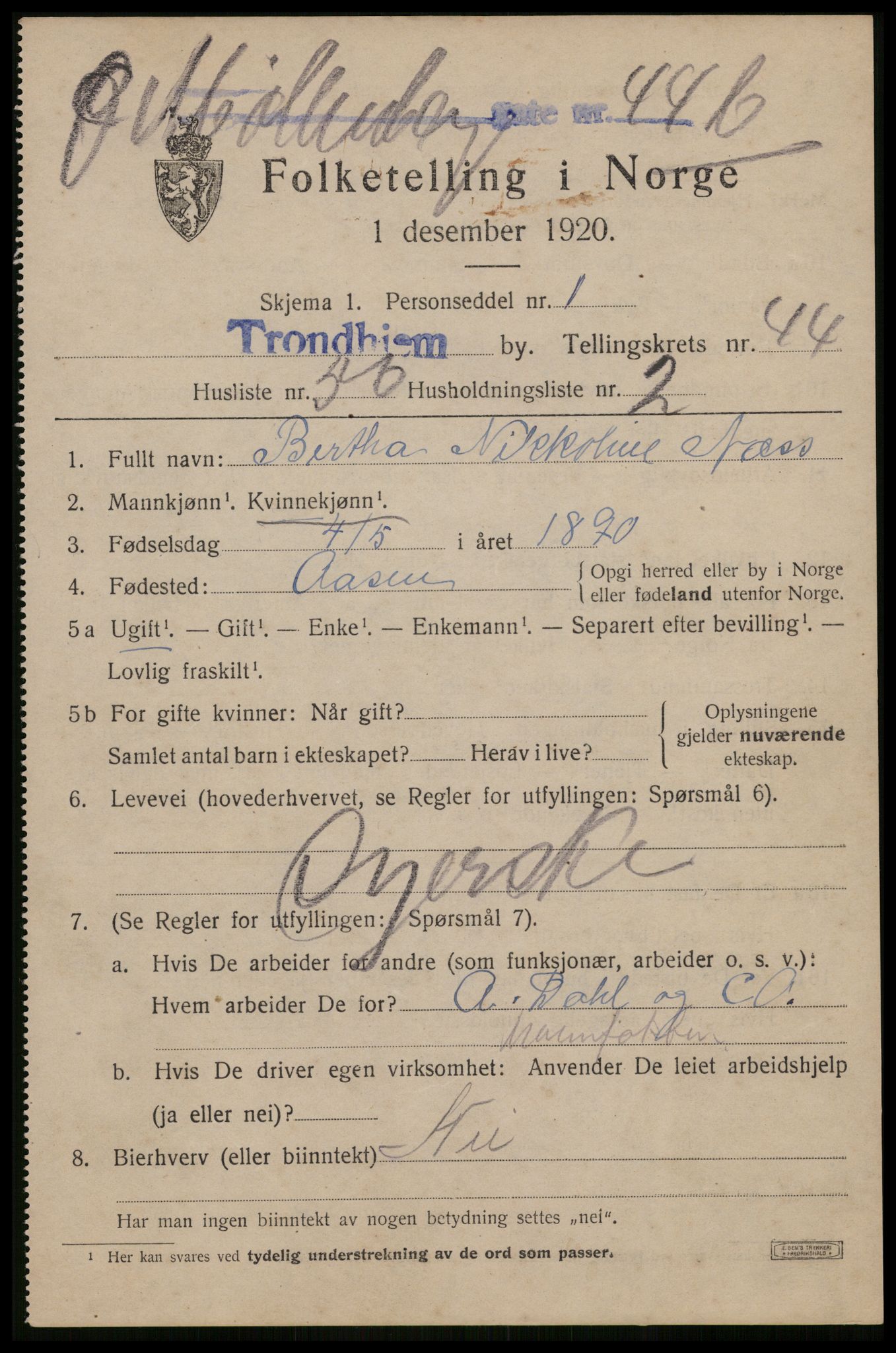 SAT, 1920 census for Trondheim, 1920, p. 96102