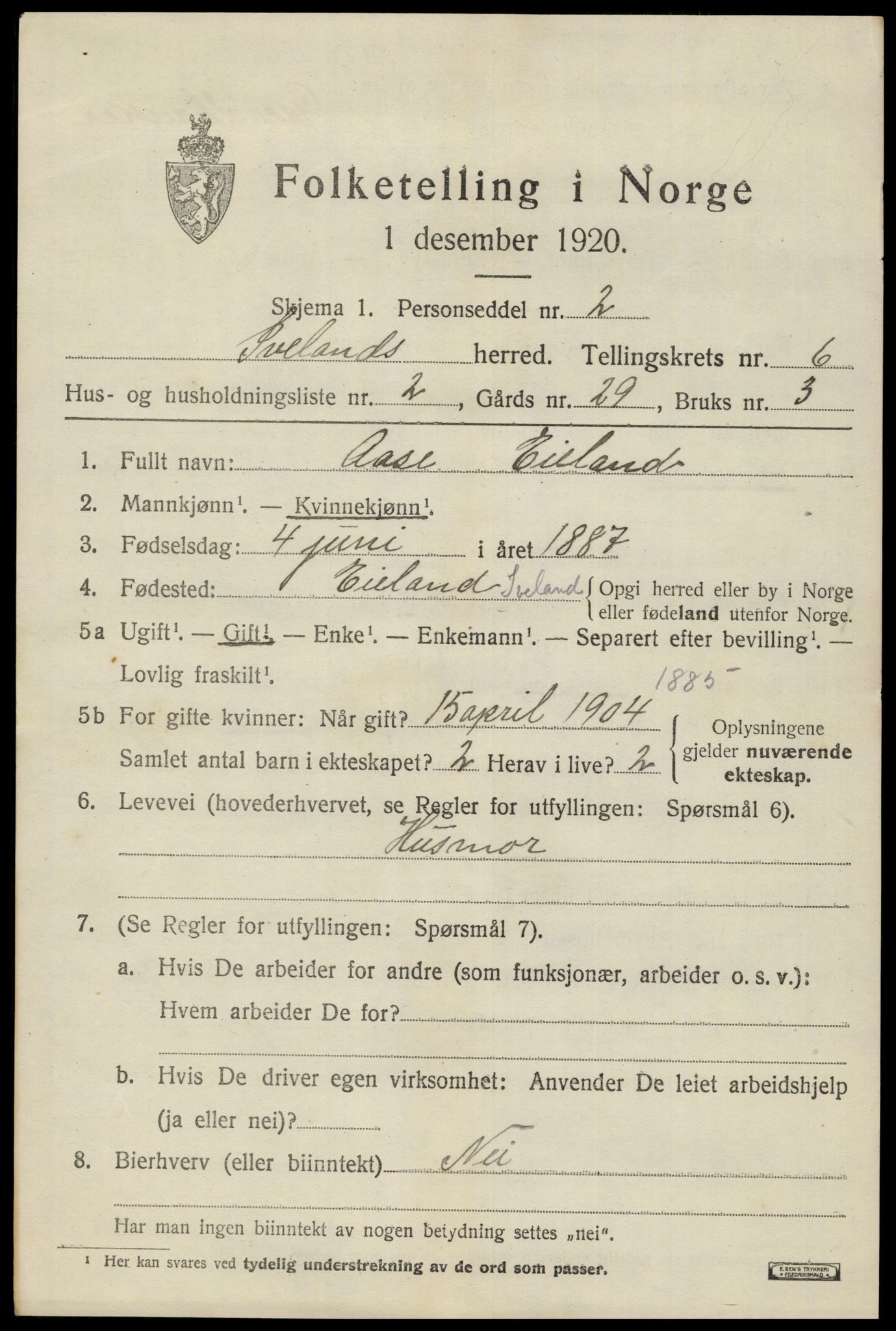 SAK, 1920 census for Iveland, 1920, p. 1955