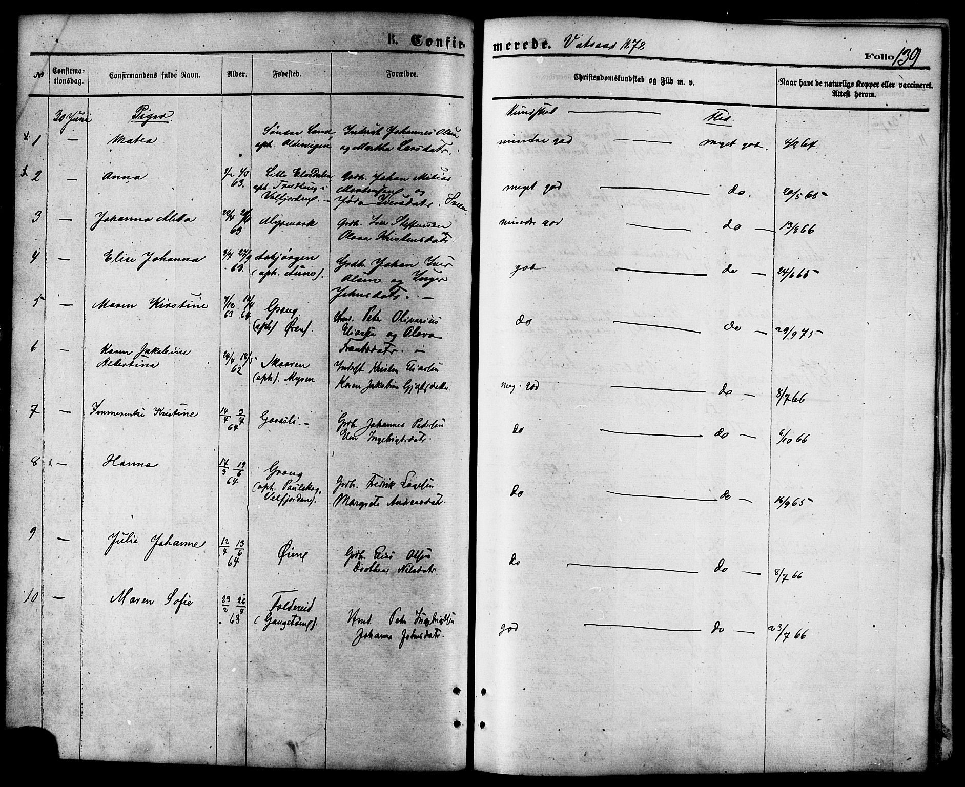 Ministerialprotokoller, klokkerbøker og fødselsregistre - Nordland, AV/SAT-A-1459/810/L0148: Parish register (official) no. 810A09 /1, 1874-1884, p. 139