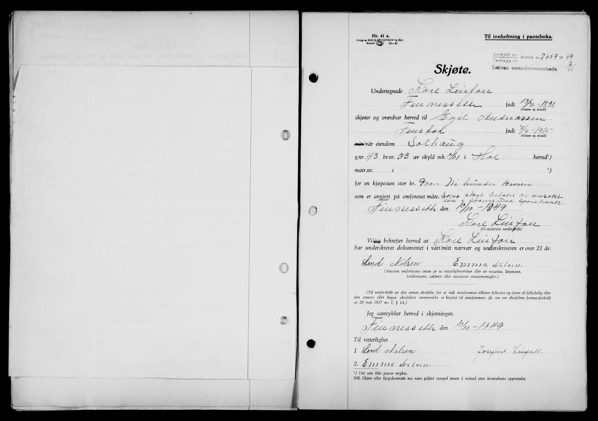 Lofoten sorenskriveri, SAT/A-0017/1/2/2C/L0022a: Mortgage book no. 22a, 1949-1950, Diary no: : 2659/1949