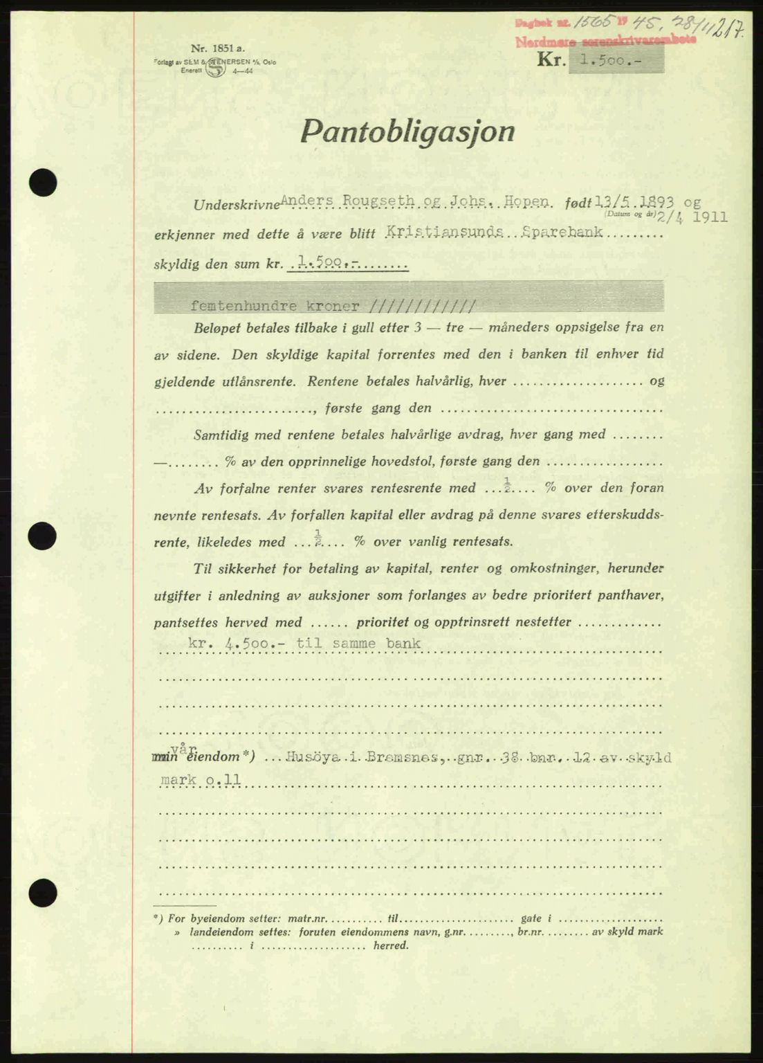 Nordmøre sorenskriveri, AV/SAT-A-4132/1/2/2Ca: Mortgage book no. B93a, 1945-1945, Diary no: : 1565/1945