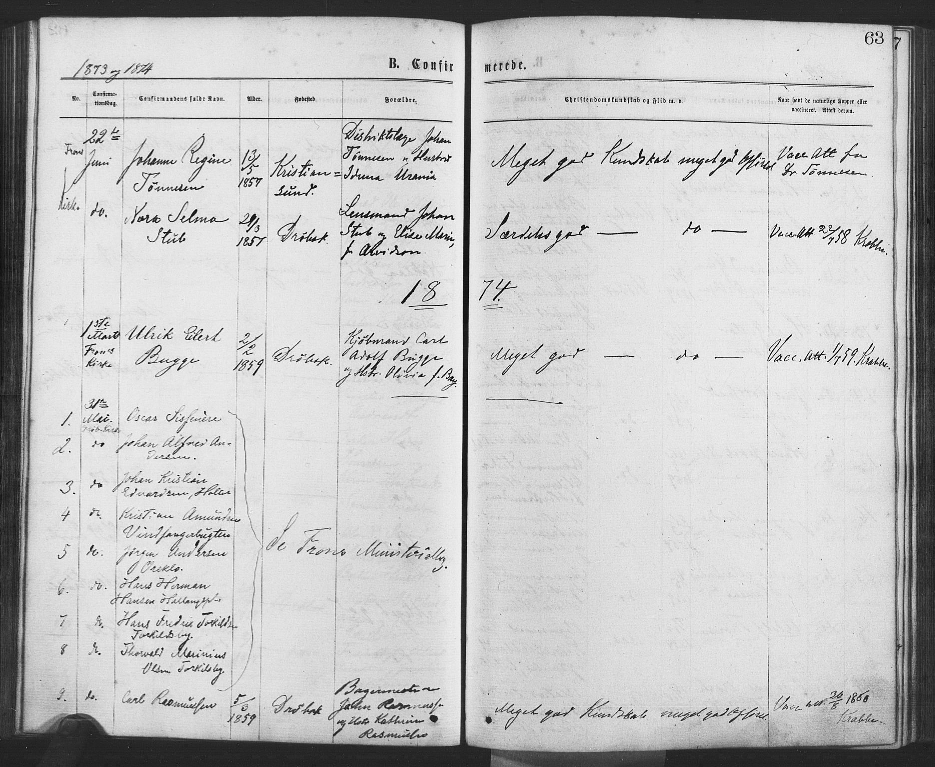 Drøbak prestekontor Kirkebøker, SAO/A-10142a/F/Fa/L0003: Parish register (official) no. I 3, 1871-1877, p. 63