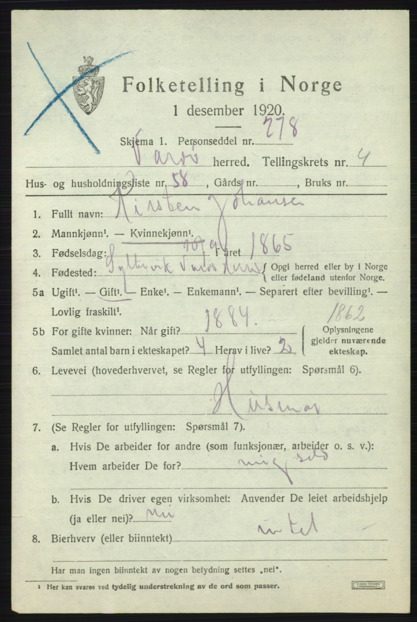 SATØ, 1920 census for Vardø rural district, 1920, p. 2582