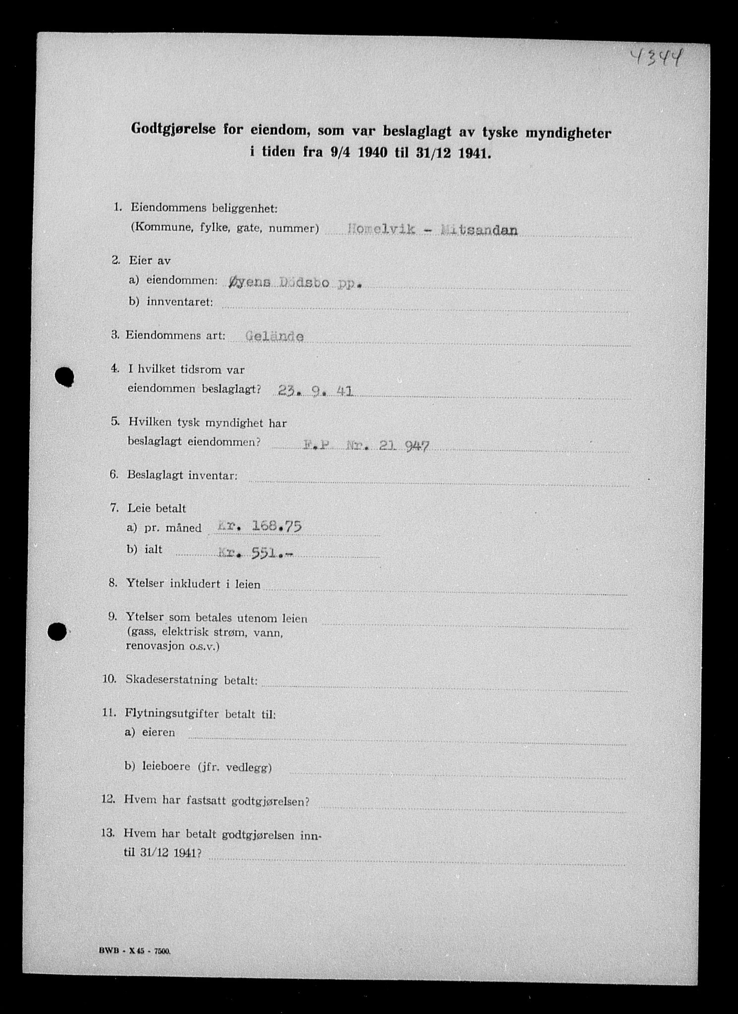 Justisdepartementet, Tilbakeføringskontoret for inndratte formuer, RA/S-1564/I/L1018: Godtgjørelse for beslaglagt eiendom, 1940-1941, p. 359