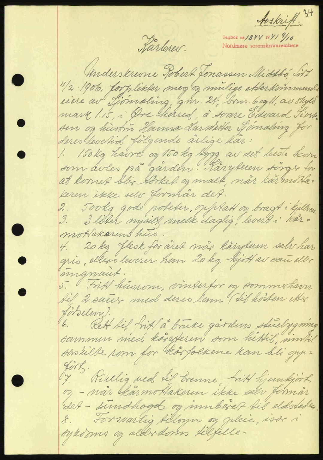 Nordmøre sorenskriveri, SAT/A-4132/1/2/2Ca: Mortgage book no. B88, 1941-1942, Diary no: : 1844/1941