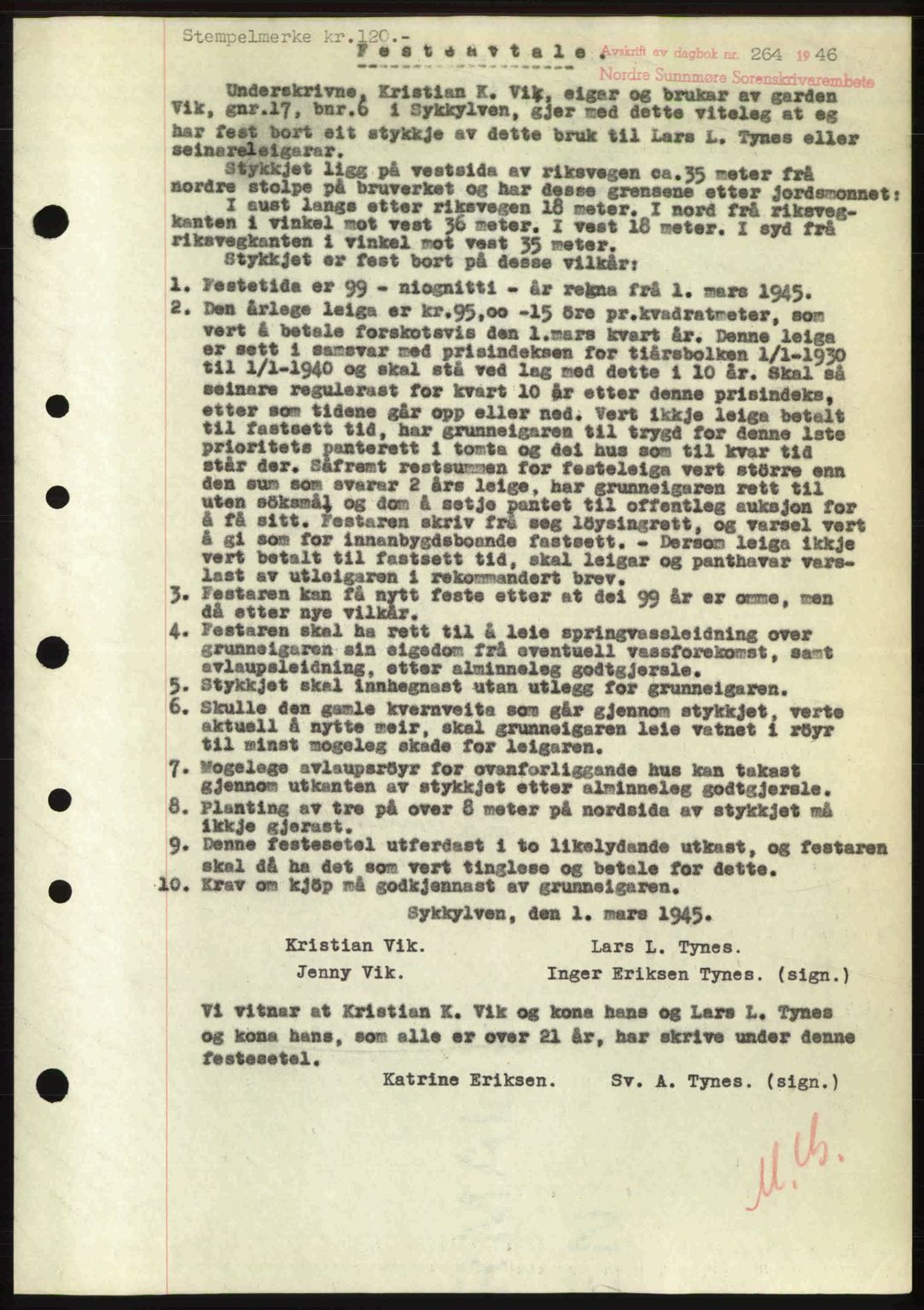 Nordre Sunnmøre sorenskriveri, AV/SAT-A-0006/1/2/2C/2Ca: Mortgage book no. A20b, 1946-1946, Diary no: : 264/1946