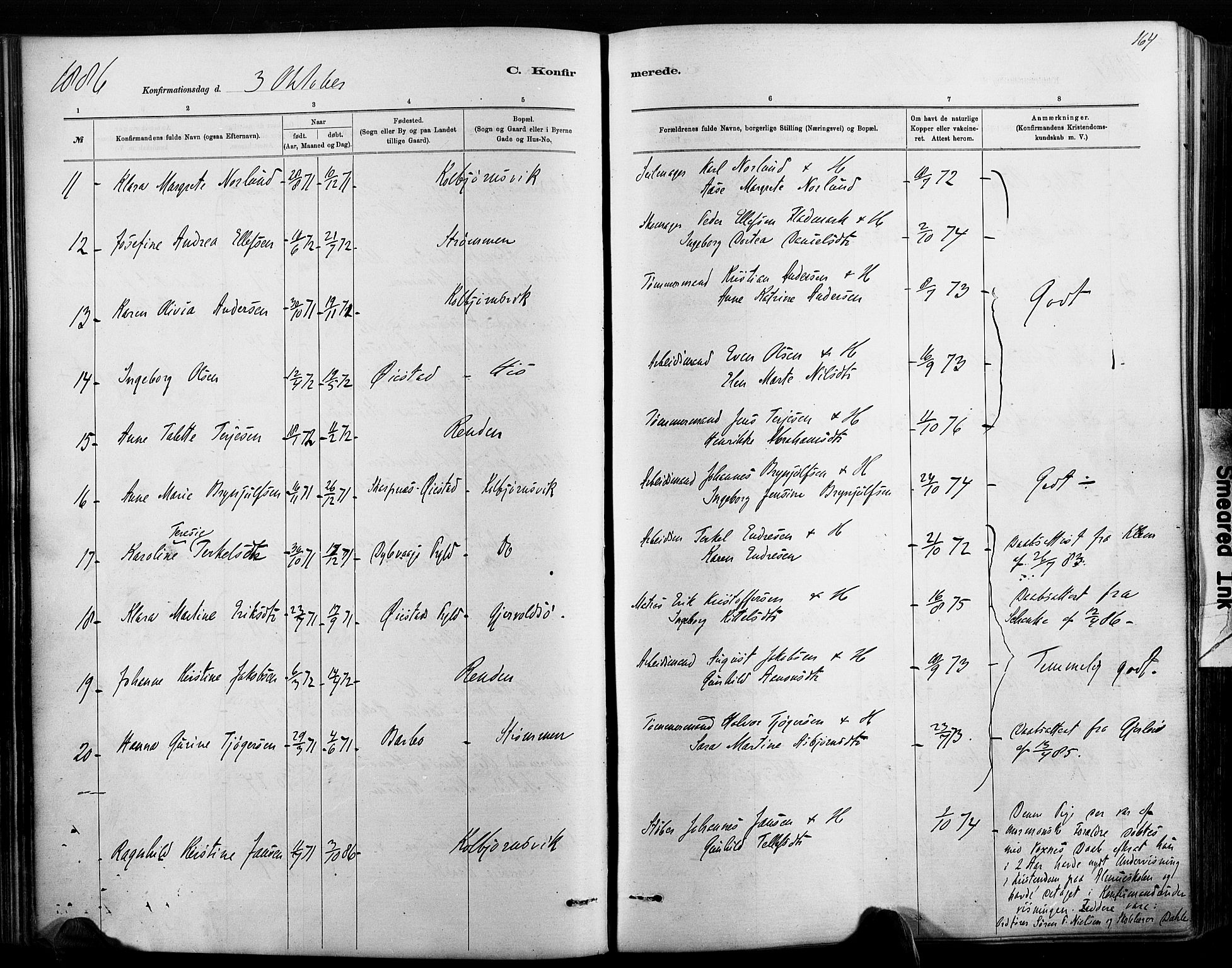 Hisøy sokneprestkontor, AV/SAK-1111-0020/F/Fa/L0003: Parish register (official) no. A 3, 1881-1894, p. 164