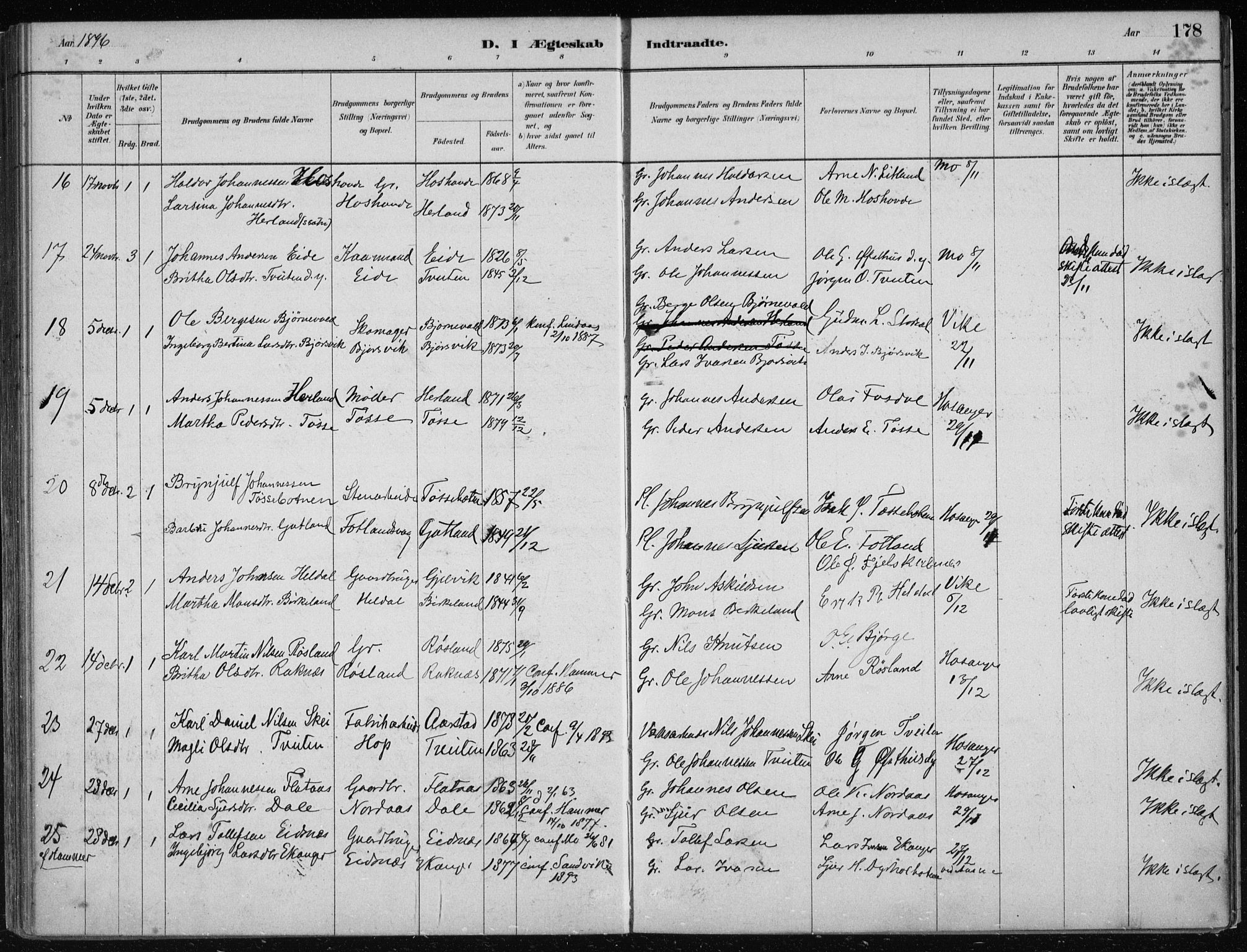 Hosanger sokneprestembete, AV/SAB-A-75801/H/Haa: Parish register (official) no. B  1, 1880-1896, p. 178