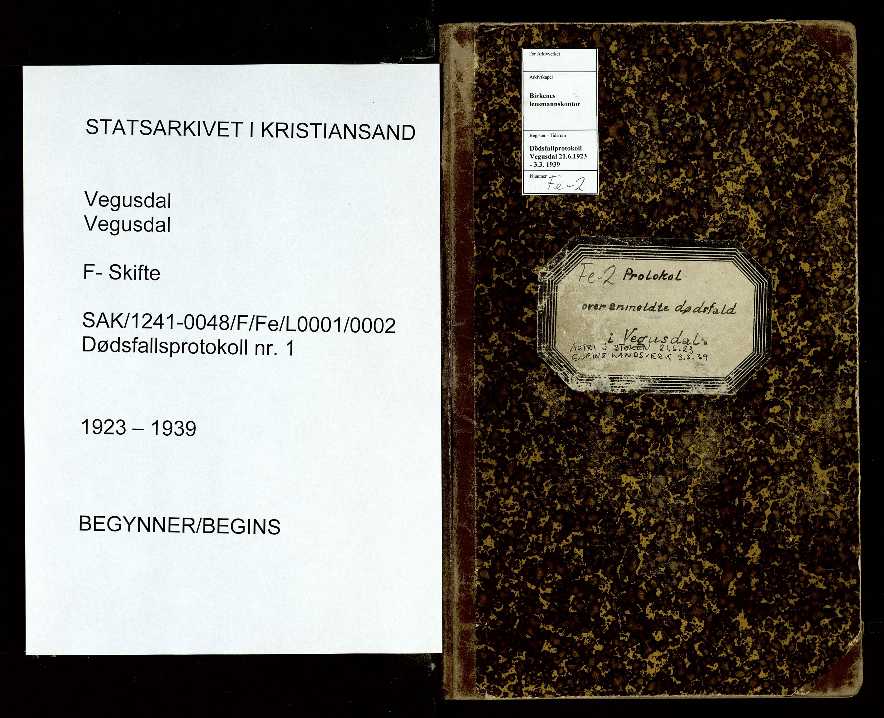 Vegusdal lensmannskontor, SAK/1241-0048/F/Fe/L0001/0002: Dødsfallsprotokoller / Dødsfallsprotokoll, 1923-1939