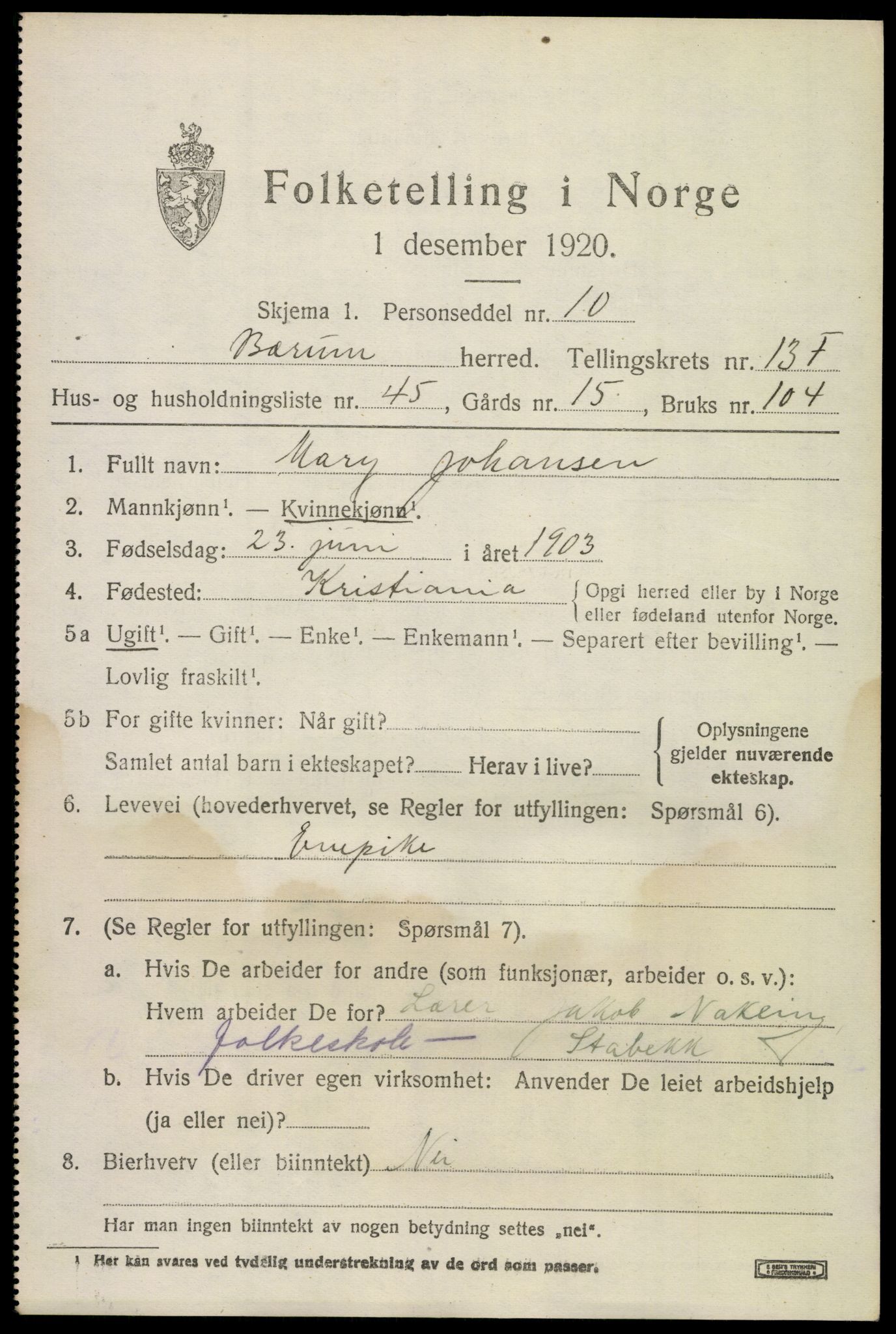 SAO, 1920 census for Bærum, 1920, p. 39928