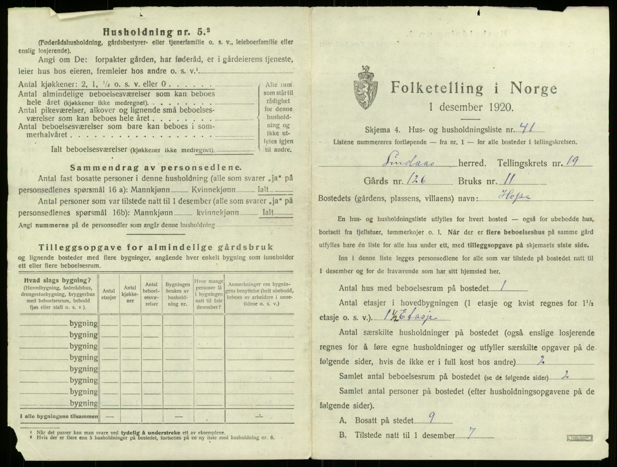 SAB, 1920 census for Lindås, 1920, p. 1425