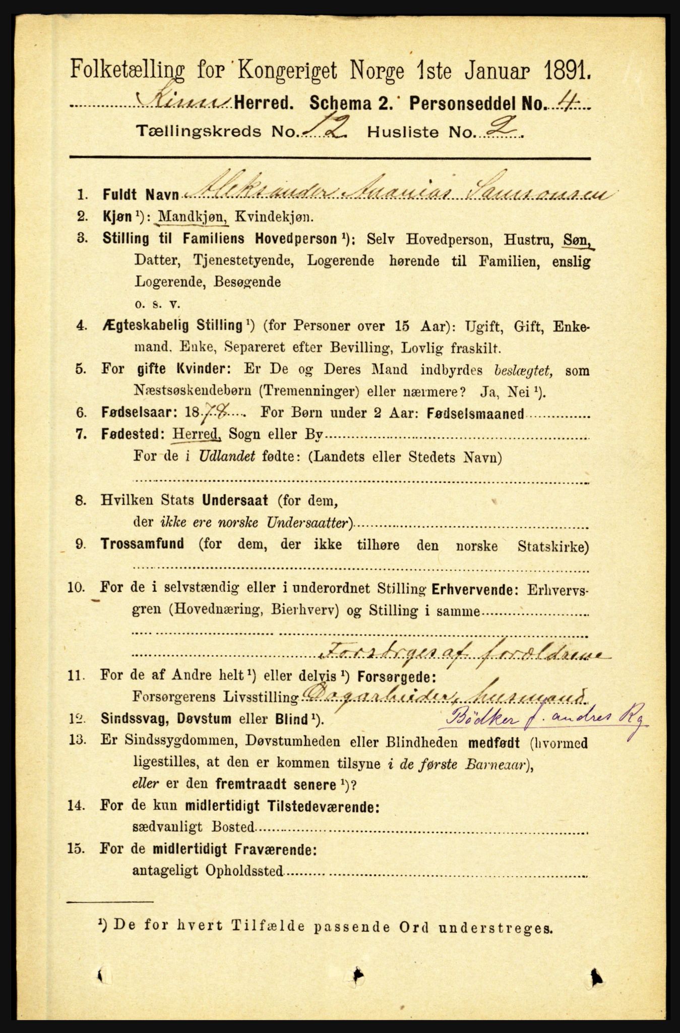 RA, 1891 census for 1437 Kinn, 1891, p. 4524