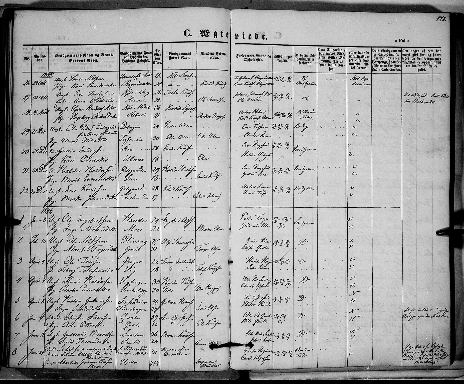 Vestre Slidre prestekontor, SAH/PREST-136/H/Ha/Haa/L0001: Parish register (official) no. 1, 1844-1855, p. 172