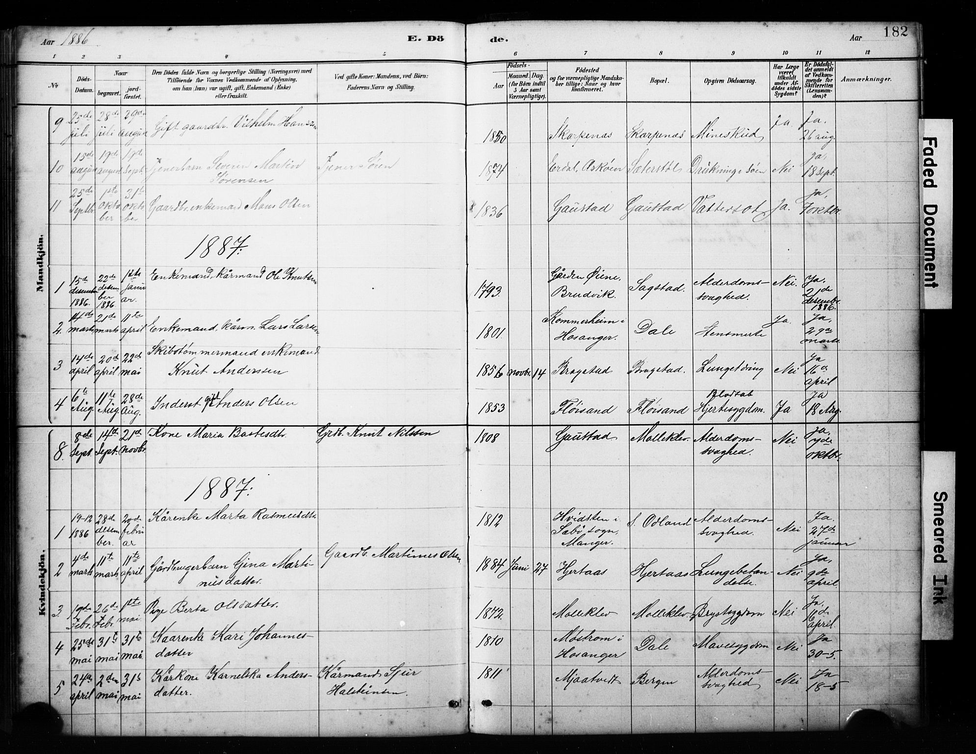 Alversund Sokneprestembete, SAB/A-73901/H/Ha/Hab: Parish register (copy) no. C 3, 1881-1894, p. 182