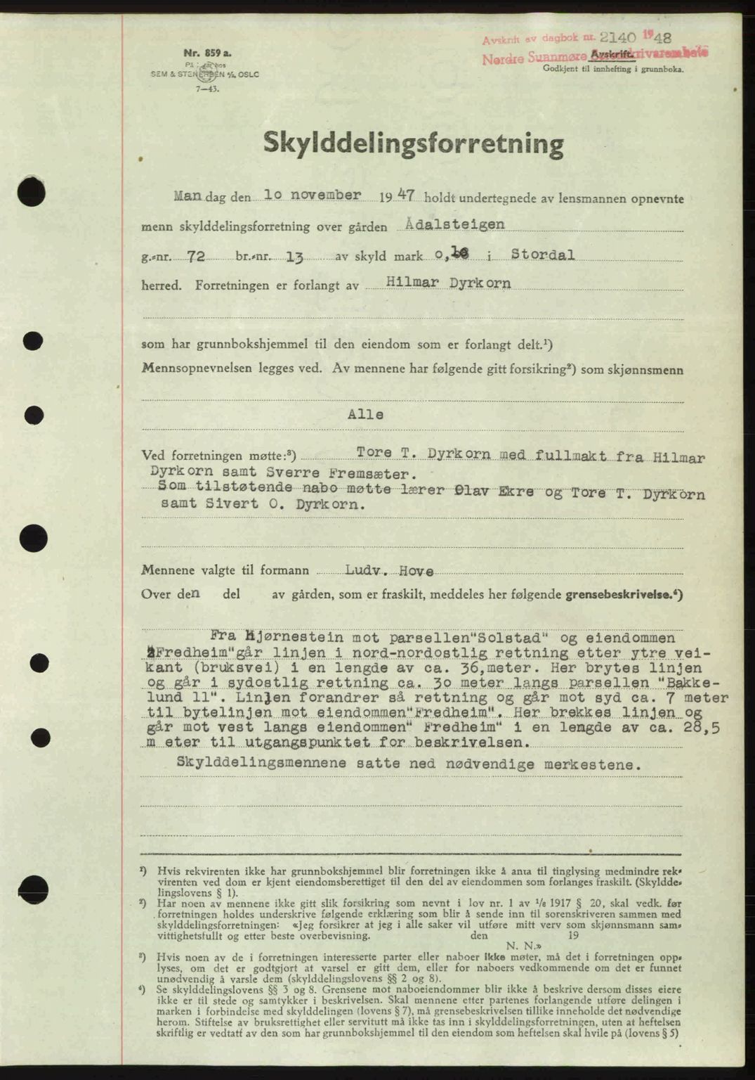 Nordre Sunnmøre sorenskriveri, AV/SAT-A-0006/1/2/2C/2Ca: Mortgage book no. A29, 1948-1949, Diary no: : 2140/1948