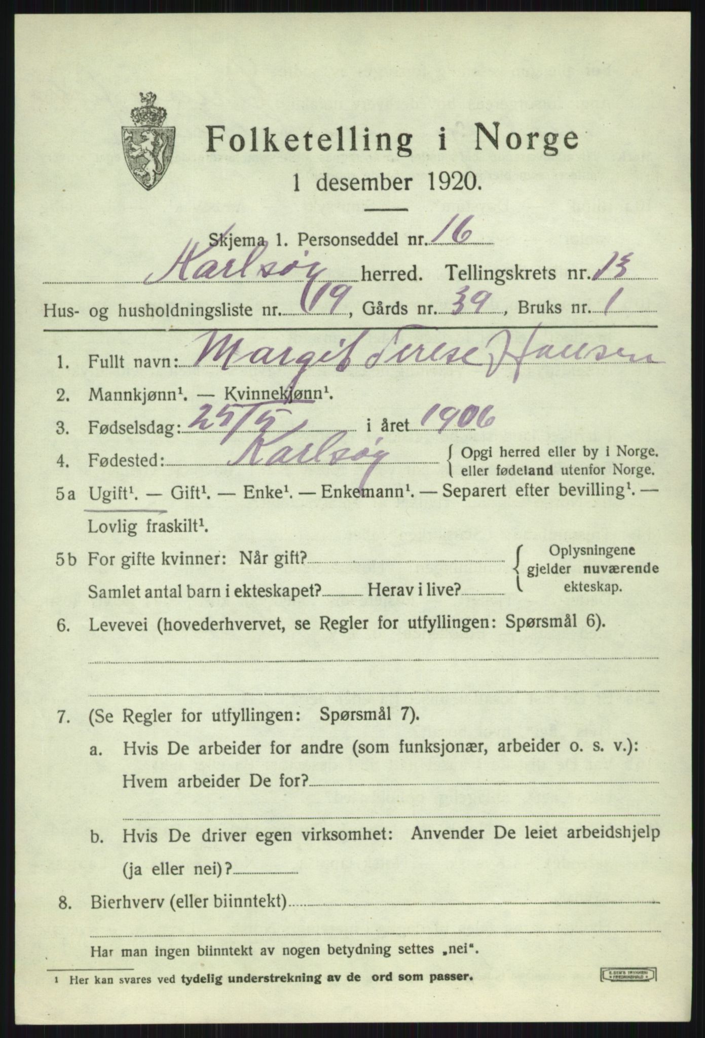 SATØ, 1920 census for Karlsøy, 1920, p. 4848