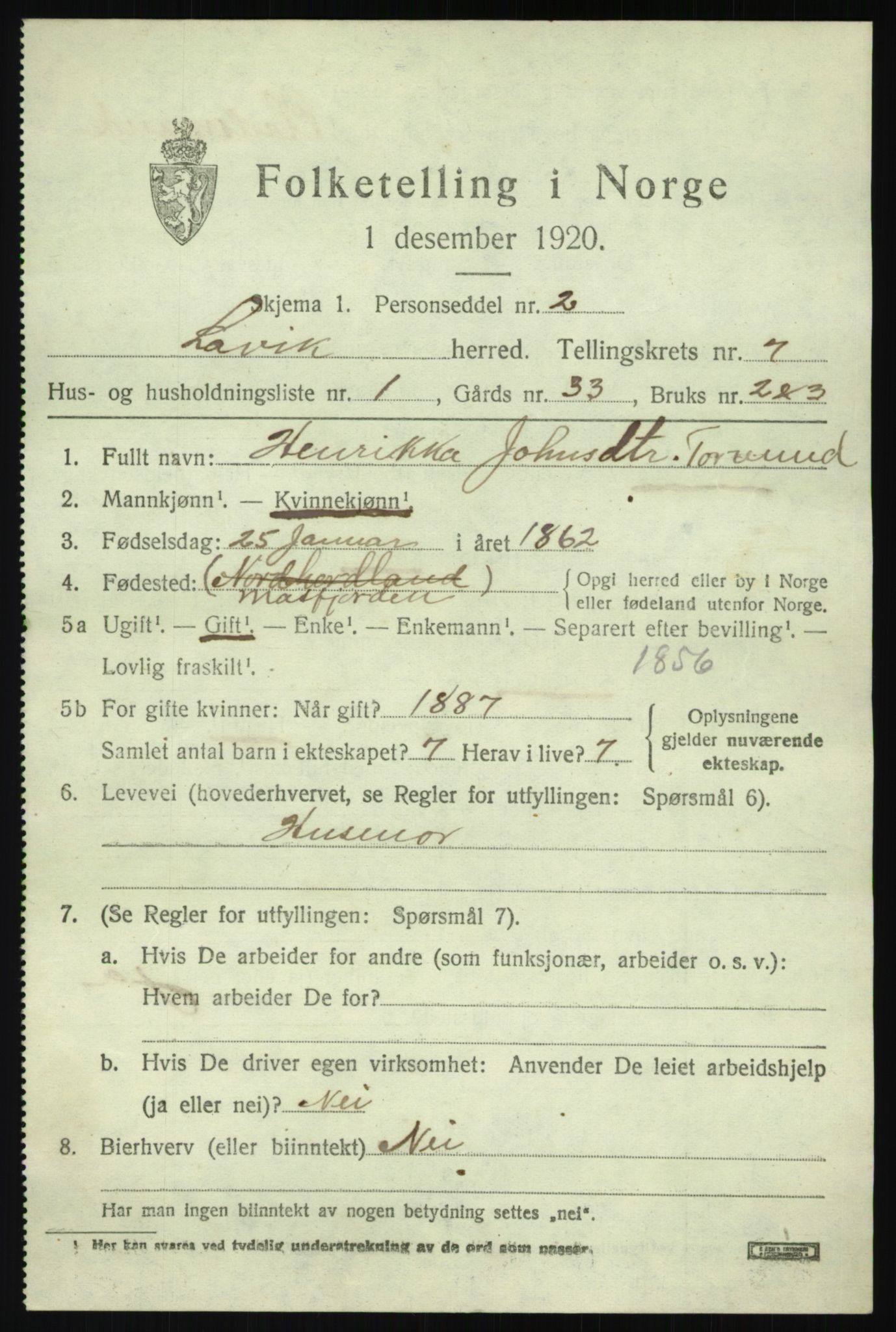 SAB, 1920 census for Lavik, 1920, p. 1526