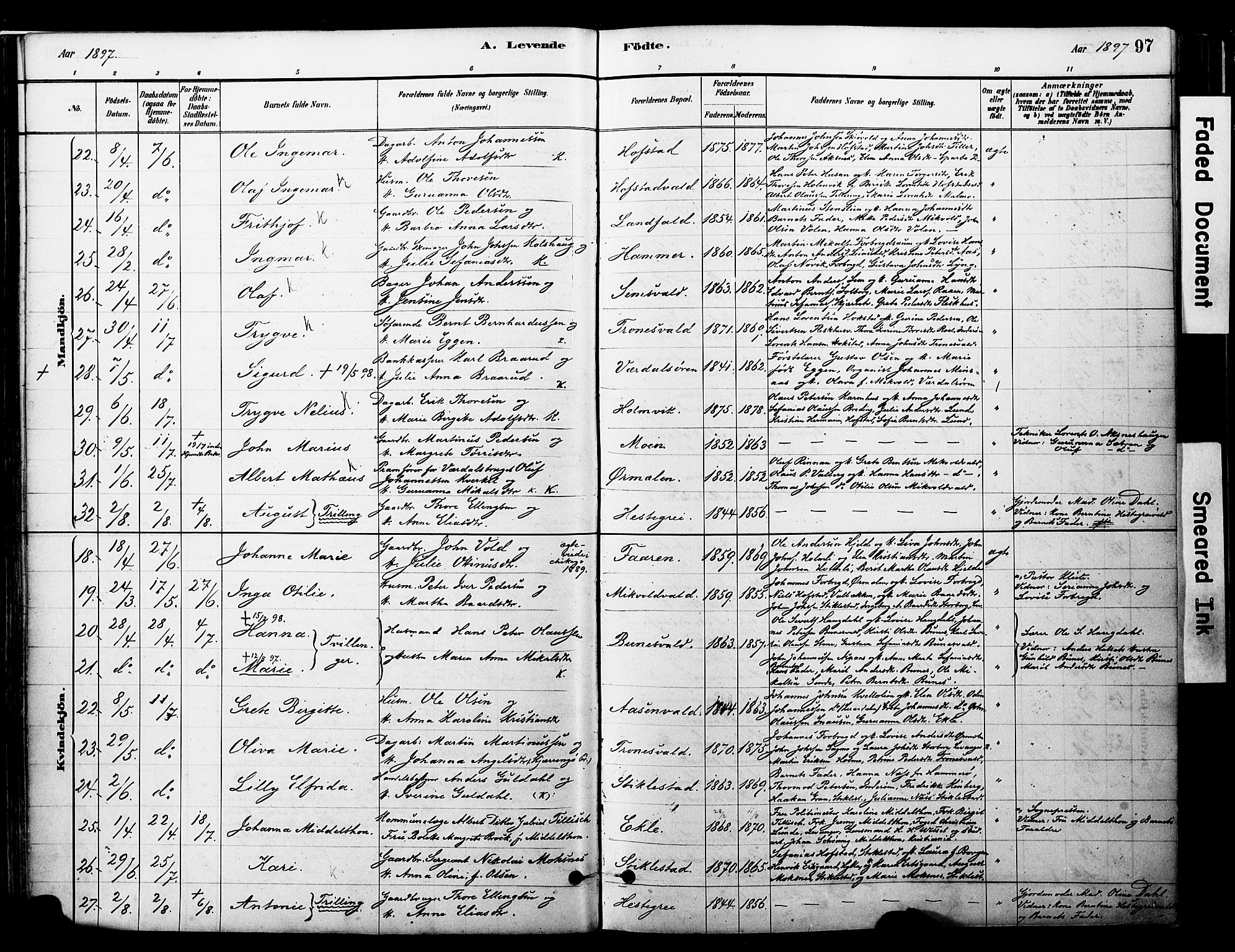 Ministerialprotokoller, klokkerbøker og fødselsregistre - Nord-Trøndelag, AV/SAT-A-1458/723/L0244: Parish register (official) no. 723A13, 1881-1899, p. 97