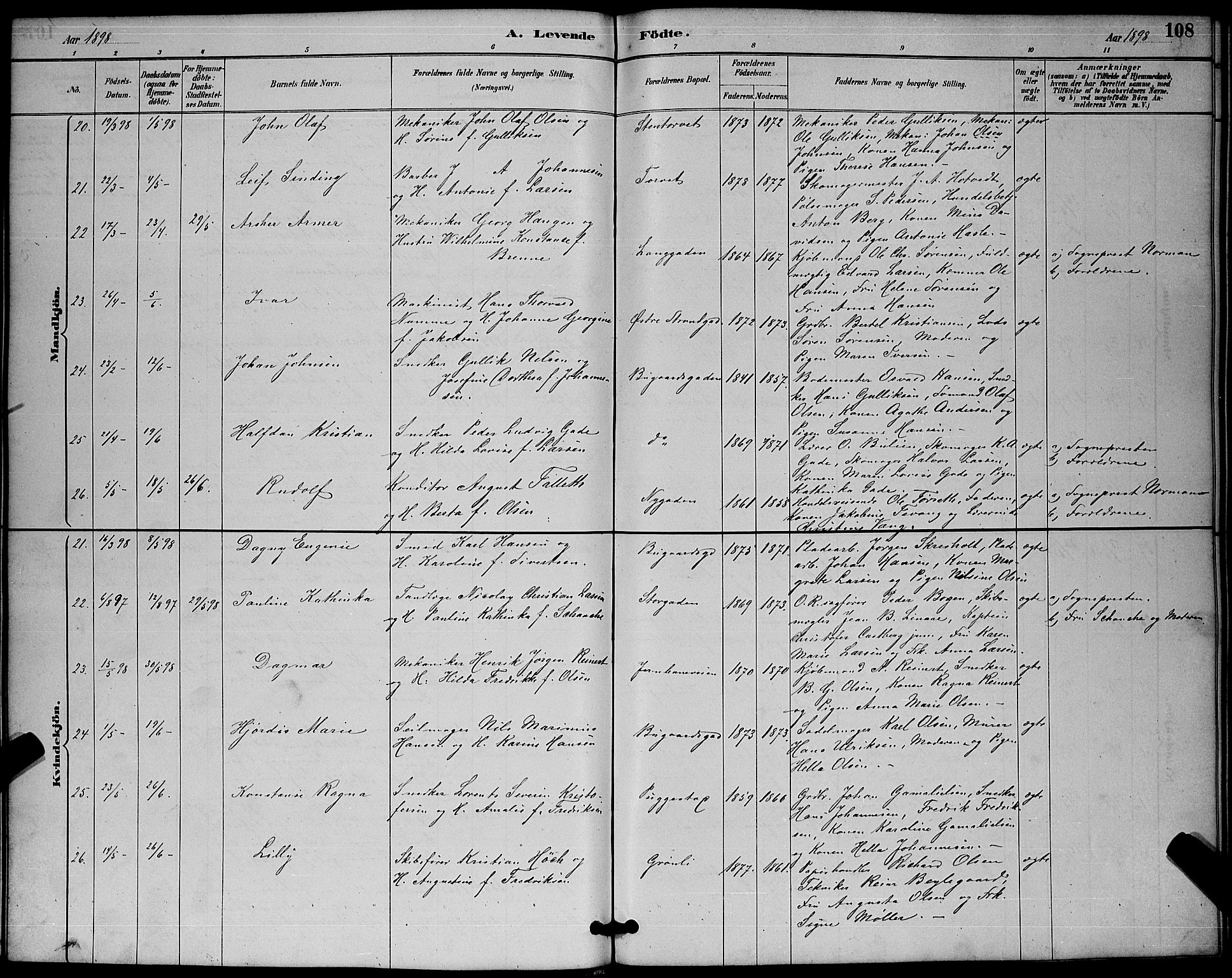 Sandefjord kirkebøker, AV/SAKO-A-315/G/Ga/L0001: Parish register (copy) no. 1, 1885-1903, p. 108