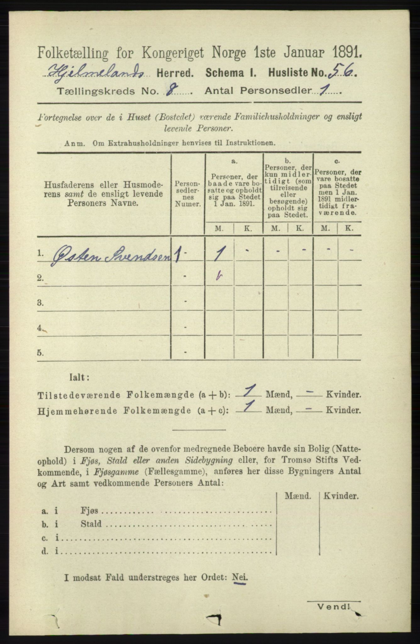 RA, 1891 census for 1133 Hjelmeland, 1891, p. 2466