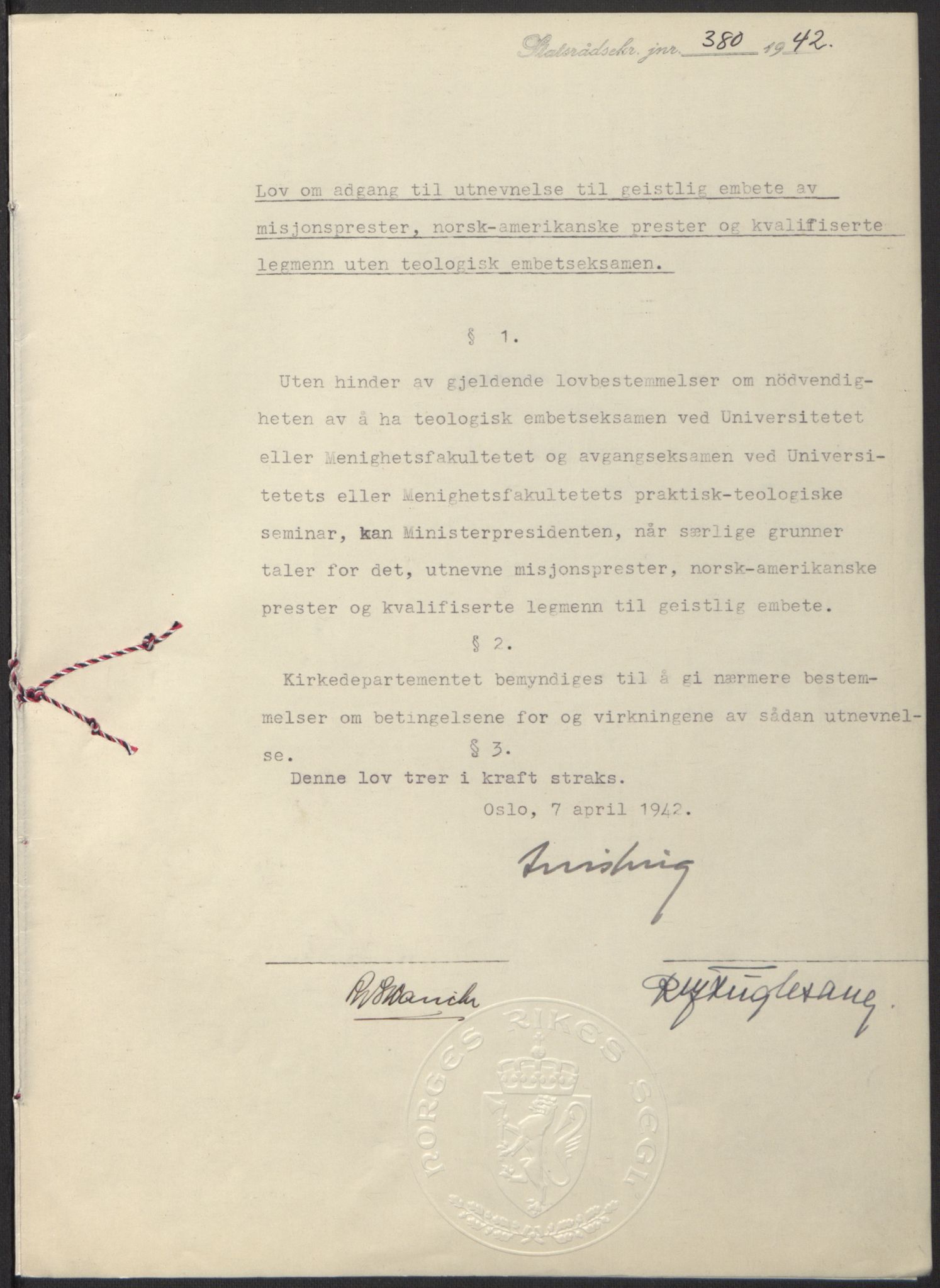 NS-administrasjonen 1940-1945 (Statsrådsekretariatet, de kommisariske statsråder mm), RA/S-4279/D/Db/L0097: Lover I, 1942, p. 264