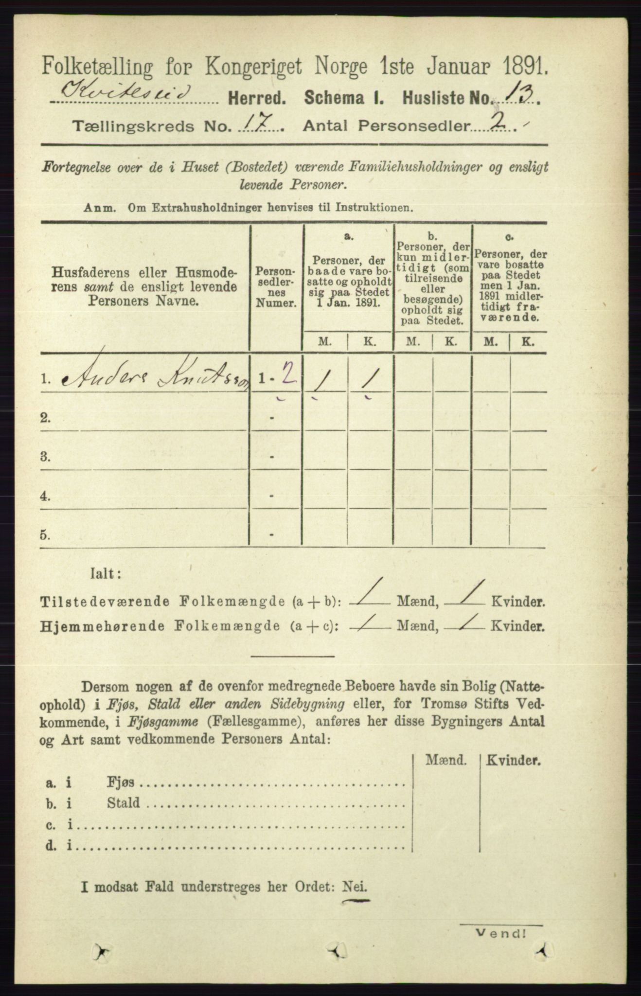 RA, 1891 census for 0829 Kviteseid, 1891, p. 3766