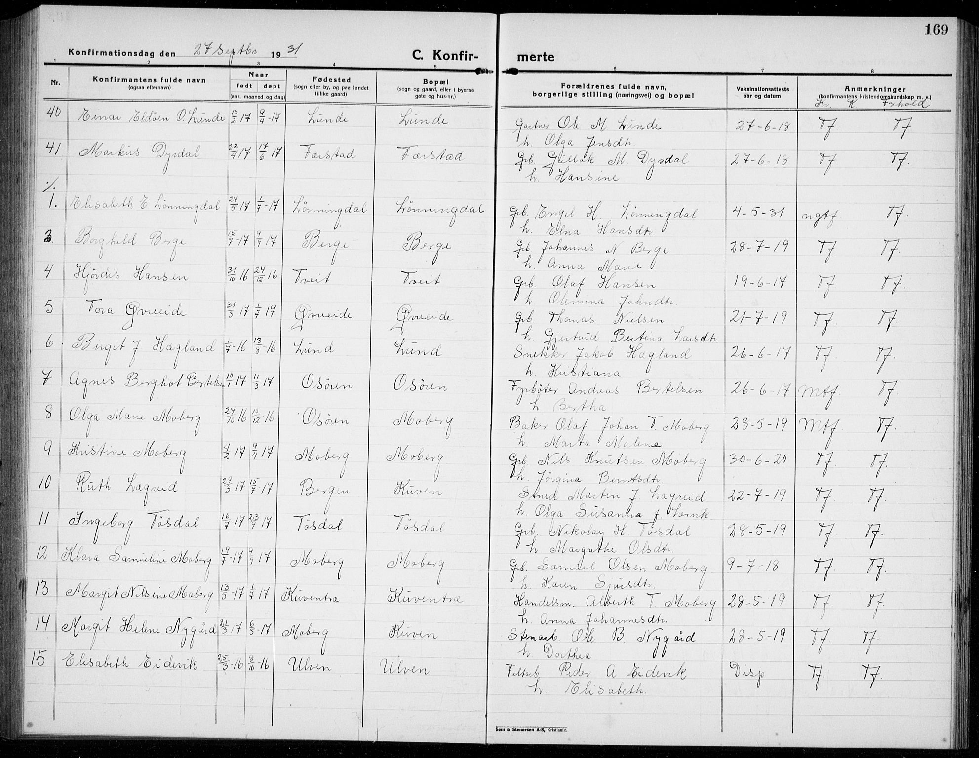 Os sokneprestembete, AV/SAB-A-99929: Parish register (copy) no. A 5, 1923-1941, p. 169