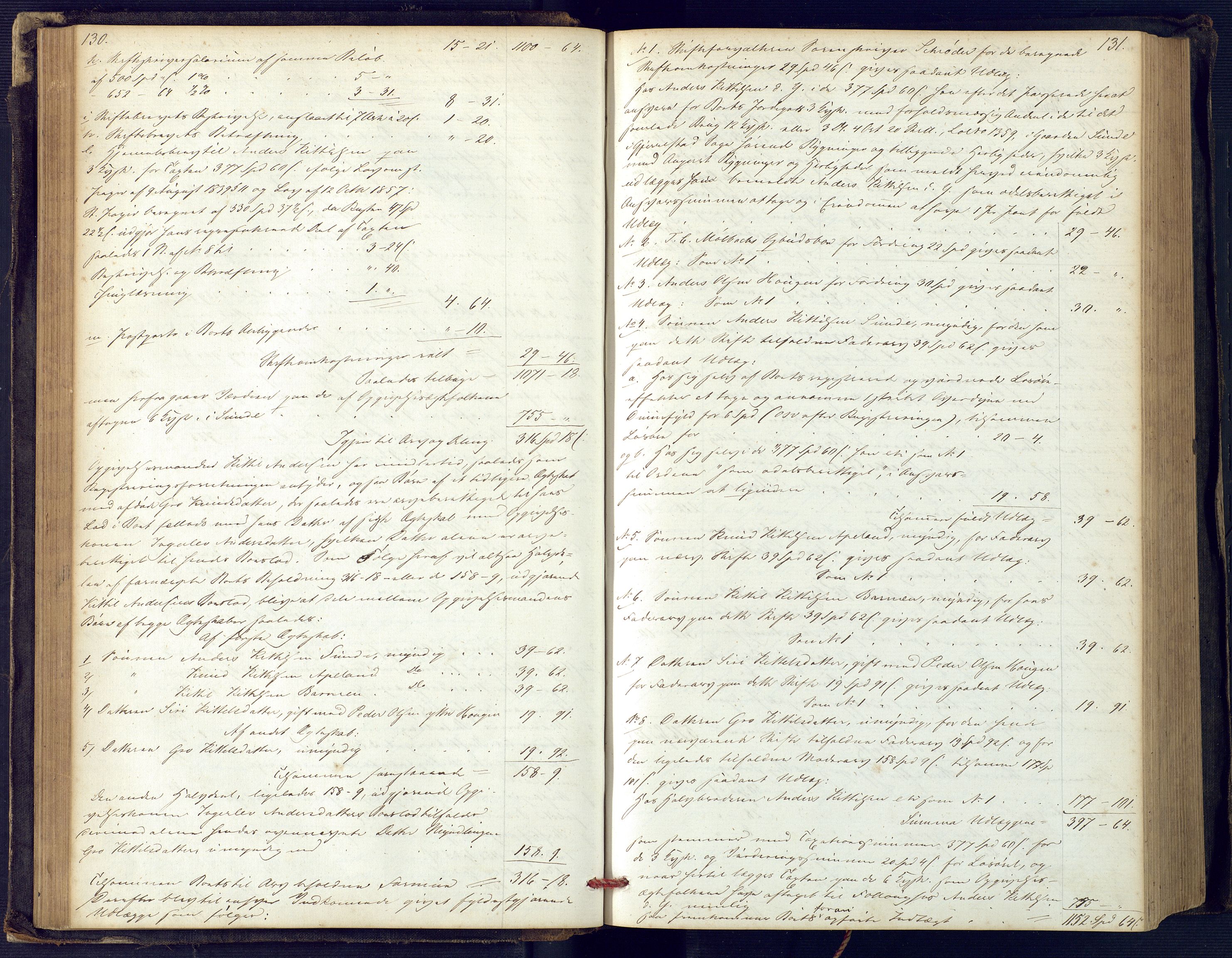 Holt sorenskriveri, SAK/1221-0002/H/Hc/L0029: Skifteutlodningsprotokoll nr. 4 med løst register, 1857-1862, p. 130-131