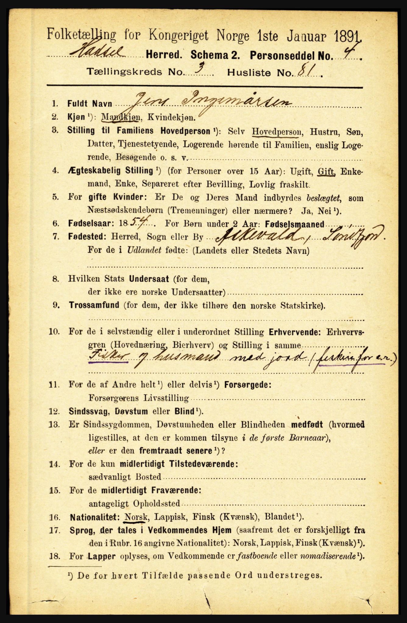 RA, 1891 census for 1866 Hadsel, 1891, p. 1647